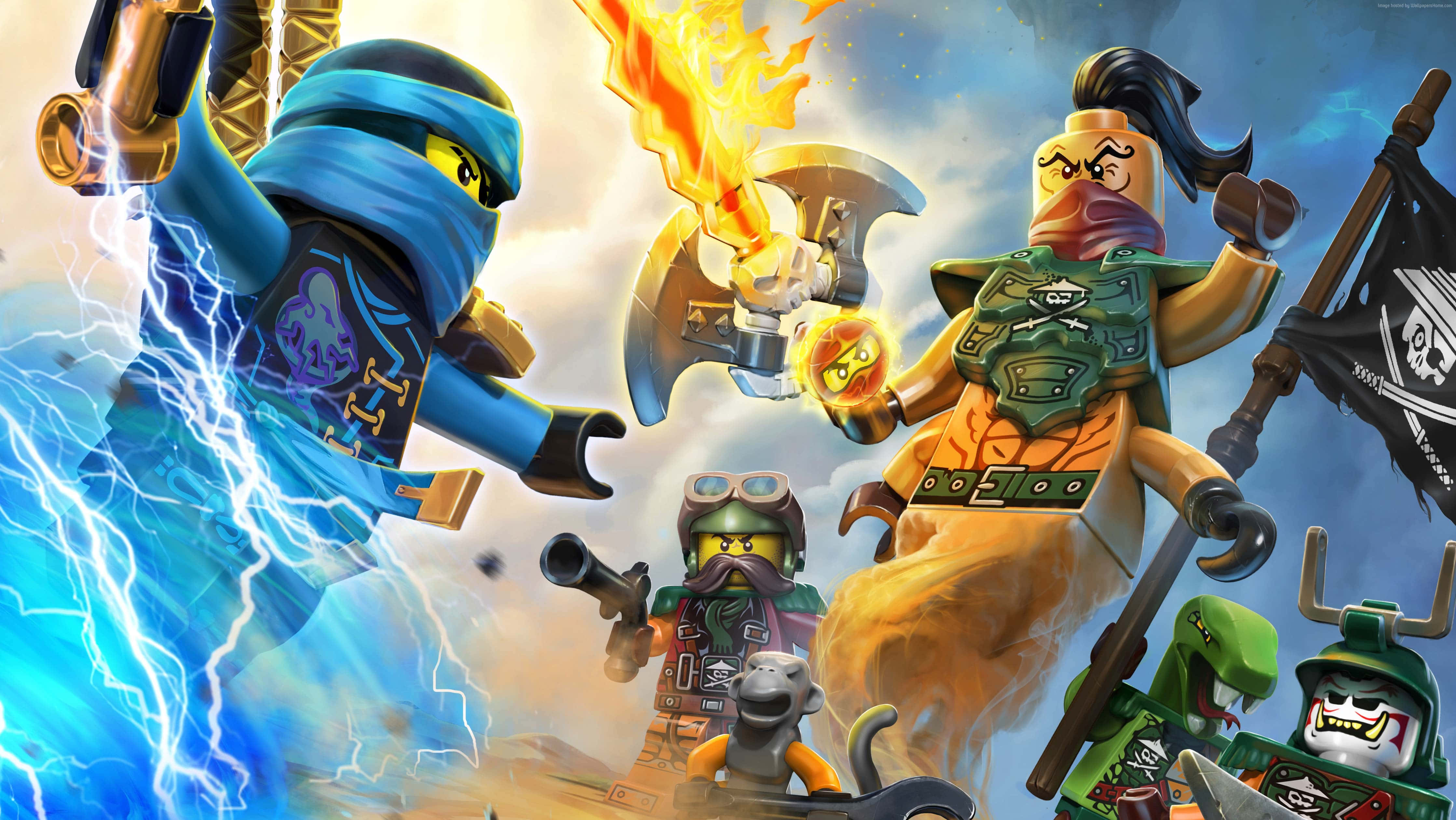 Animated 桌布 壁紙 — LEGO Ninjago 角色以閃電和火焰與海盜主題的敵人在動態動作場景中戰鬥。