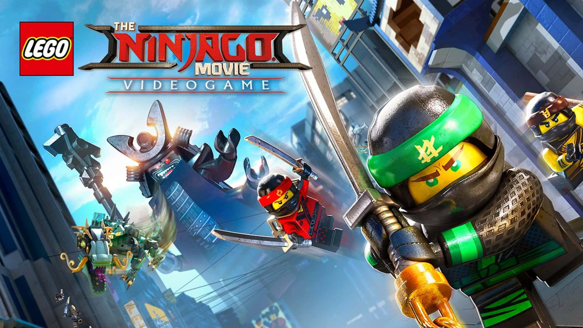 Animated 桌布 壁紙 — LEGO Ninjago 角色在明亮的藍天下，於充滿活力的城市景觀中與巨龍戰鬥。