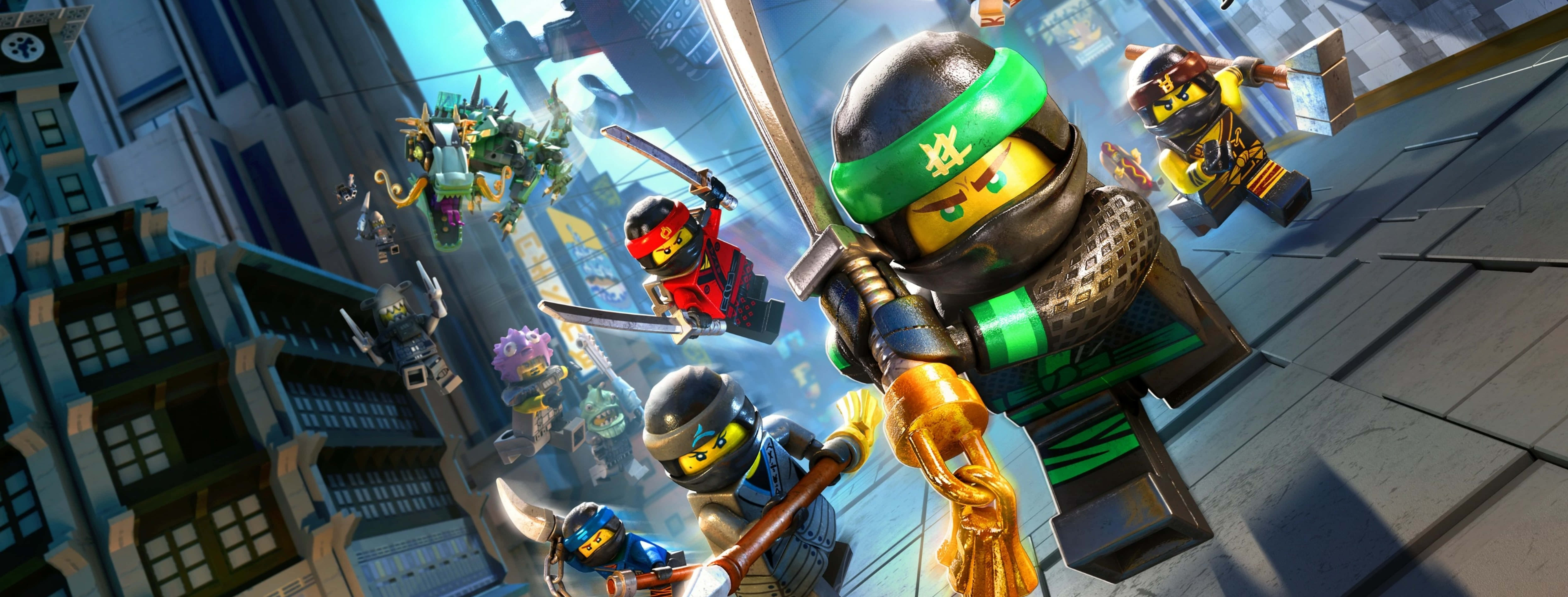 Animated 桌布 壁紙 — Lego Ninjago 角色在充滿動感的城市場景中與飛行的敵人和戲劇性的燈光戰鬥。