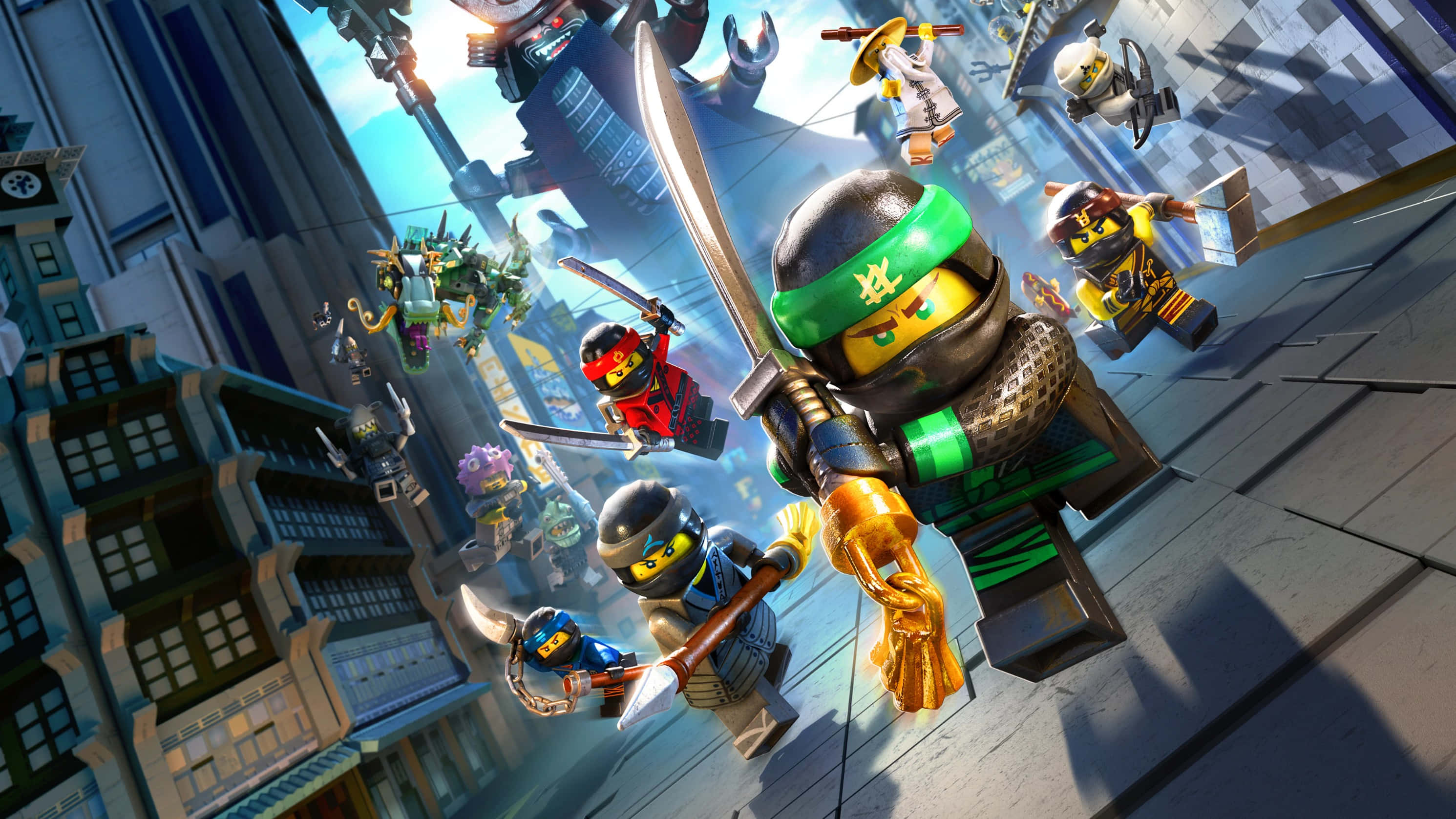 Animated 桌布 壁紙 — LEGO Ninjago 角色在城市景觀中跳躍，進行動態戰鬥，使用劍和武器。