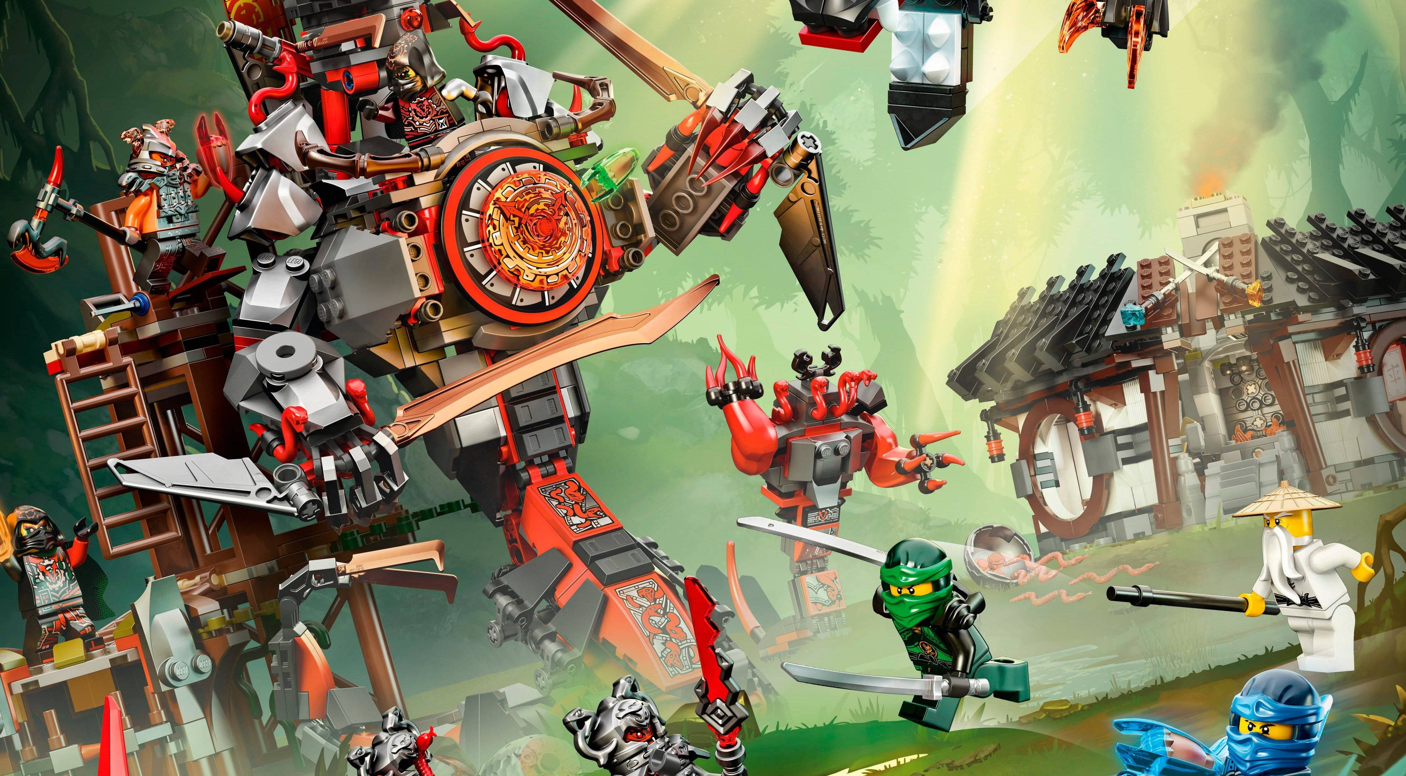 Ninjago 桌布 壁紙 — LEGO Ninjago 角色在充滿活力的叢林寺廟環境中與巨大的機械怪物戰鬥。