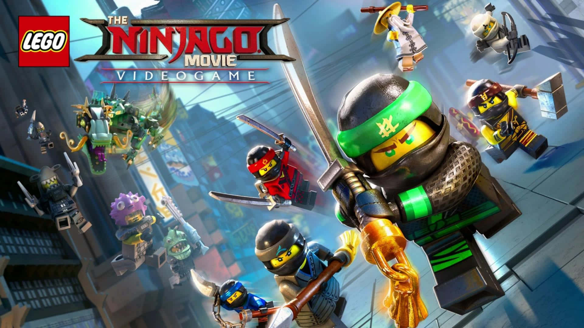 Ninjago 桌布 壁紙 — LEGO Ninjago 角色在一個充滿動感的城市場景中戰鬥，有飛行的忍者與一條龍。