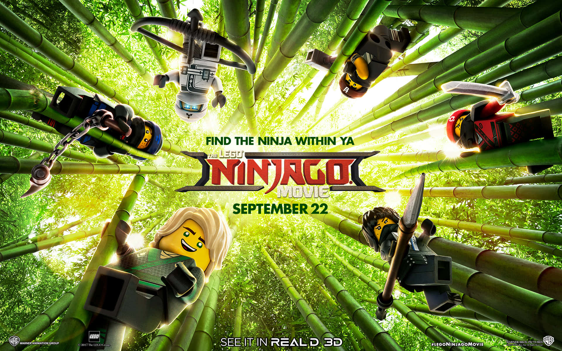 Animated 桌布 壁紙 — LEGO Ninjago 角色在充滿活力的竹林樹冠中盪漾，陽光穿過綠色竹莖。
