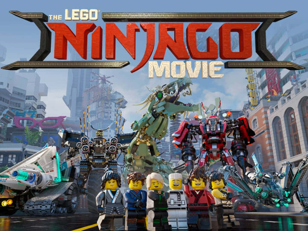 Animated 桌布 壁紙 — LEGO Ninjago 角色英雄式地站在未來城市景觀中，背後有巨型機器人和一條龍隱現。