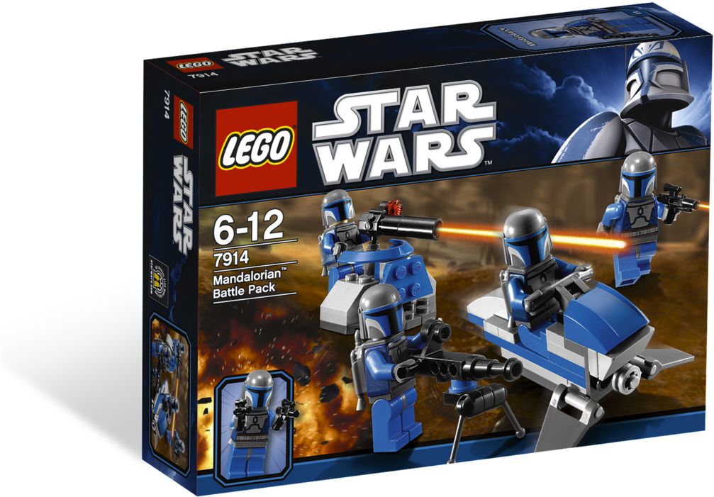 曼達洛人 桌布 壁紙 — LEGO Star Wars 盒展示身穿藍色盔甲的曼達洛戰士在熾熱的沙漠戰鬥場景中發射爆能槍。
