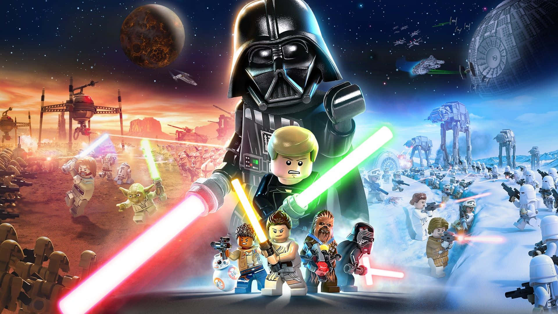 樂高 桌布 壁紙 — LEGO Star Wars 角色在星空下穿越沙漠和雪地星球，用光劍戰鬥。