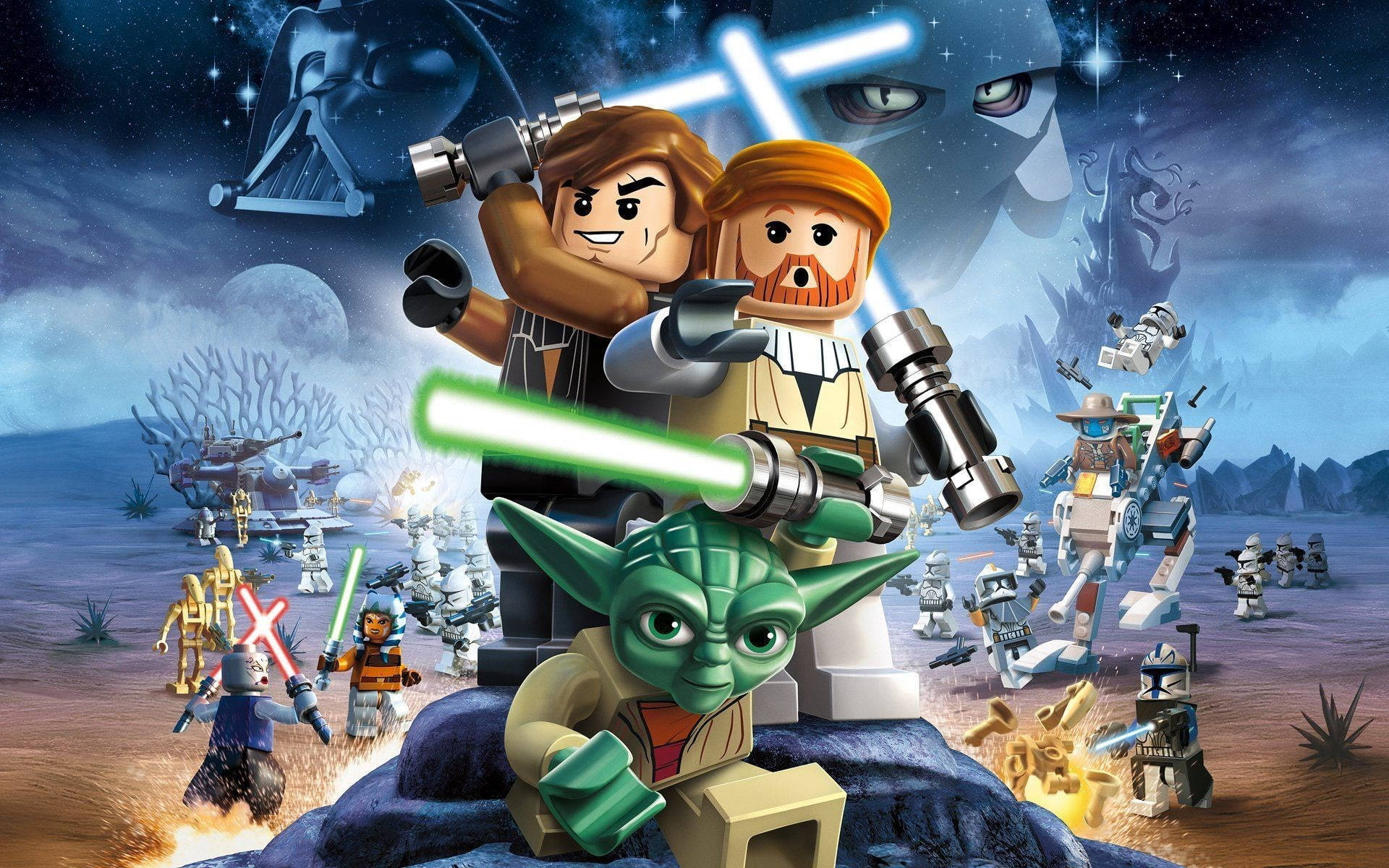 Star Wars iPad 桌布 壁紙 — LEGO Star Wars 角色在沙漠星球上，在星空下與逼近的達斯維達用光劍戰鬥。