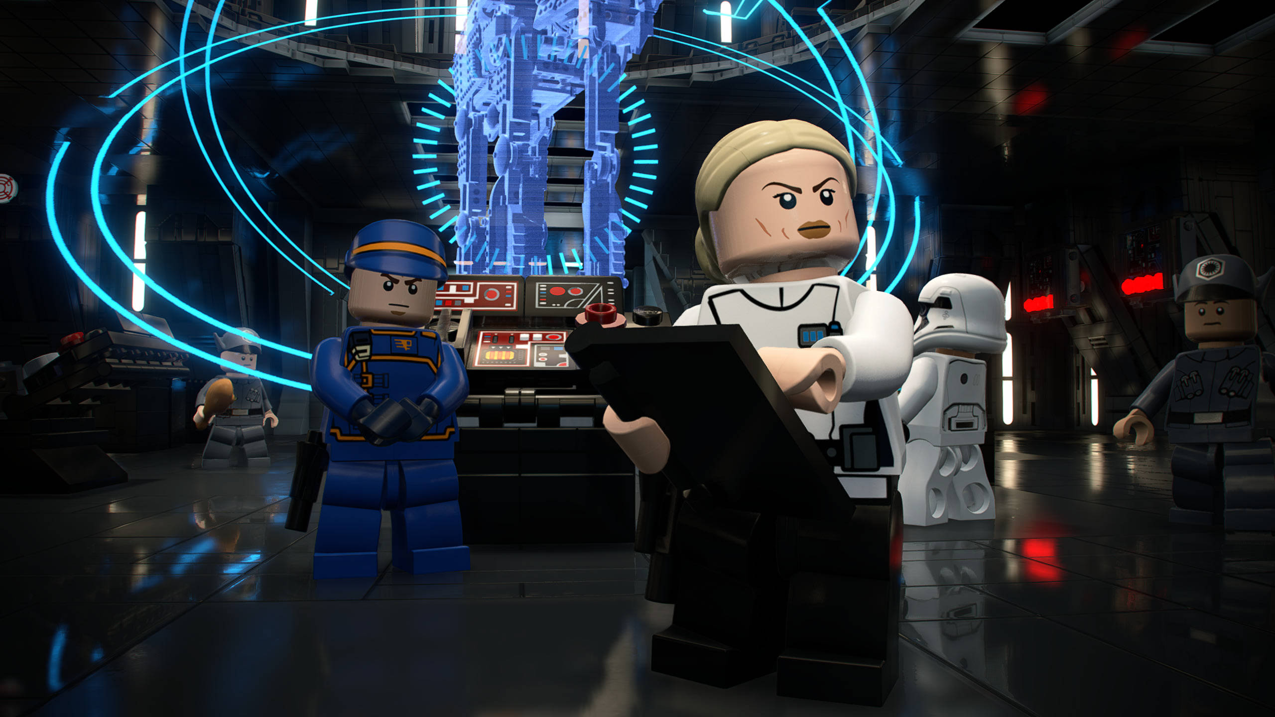 星際大戰 桌布 壁紙 — LEGO Star Wars 角色在未來風格的控制室中，帶有發光藍色全息圖和紅色緊急燈光。