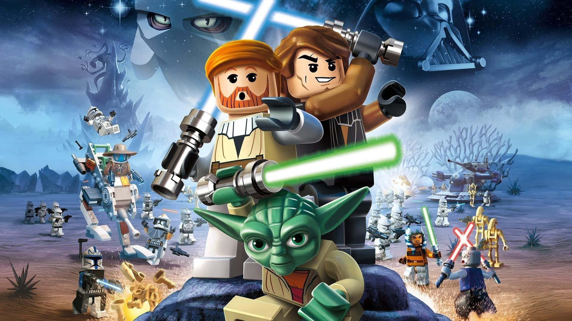 樂高 桌布 壁紙 — LEGO Star Wars 角色在星空下的沙漠星球場景中用光劍和爆能槍戰鬥。
