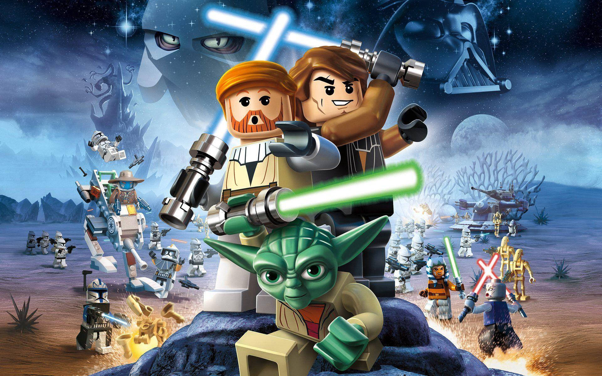 星際大戰 桌布 壁紙 — LEGO Star Wars 角色在星空下用光劍戰鬥，背景中達斯維達的身影若隱若現。