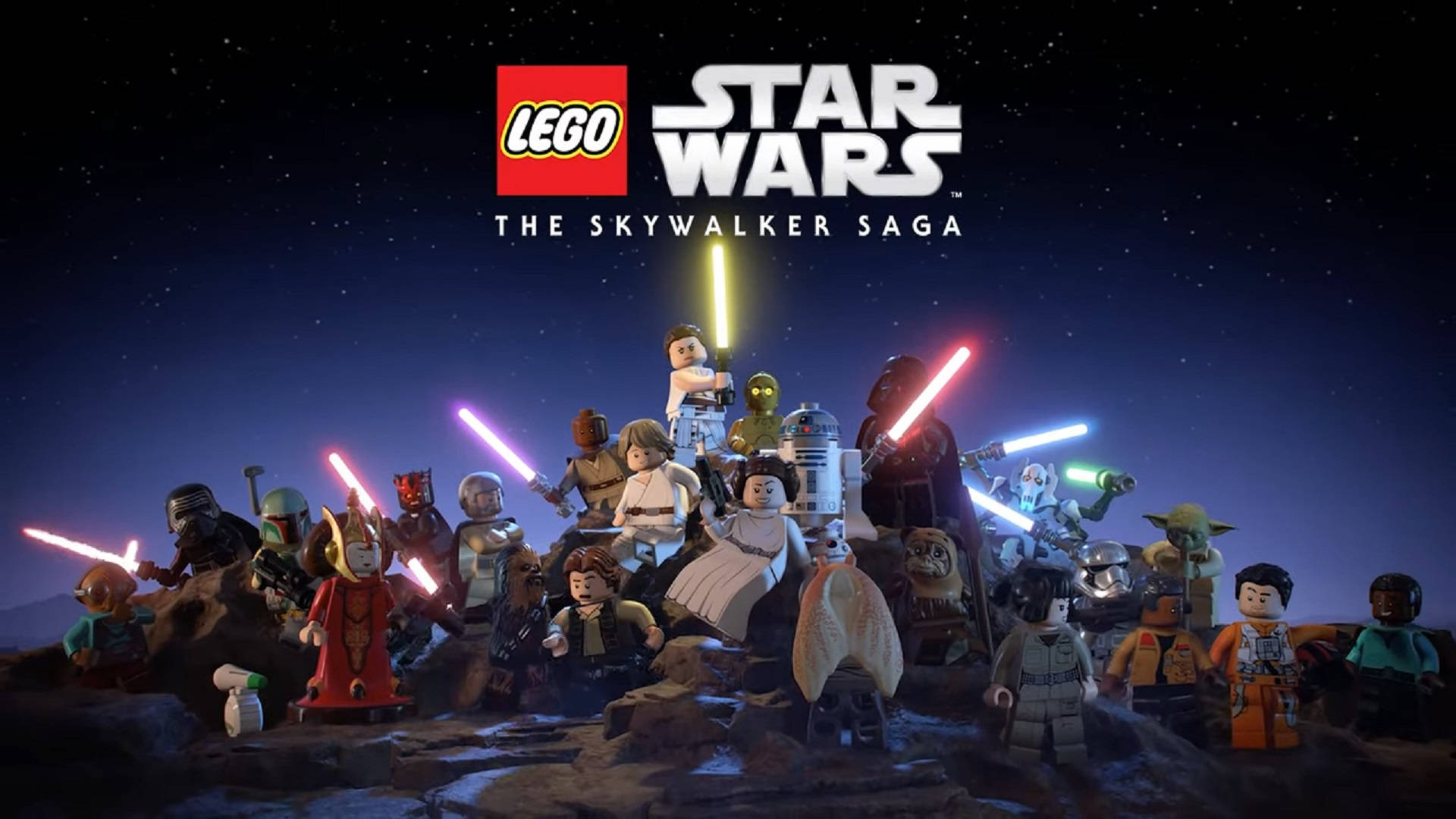 星際大戰 桌布 壁紙 — LEGO Star Wars 角色站在岩石地形上，在星空下揮舞著色彩繽紛的光劍。