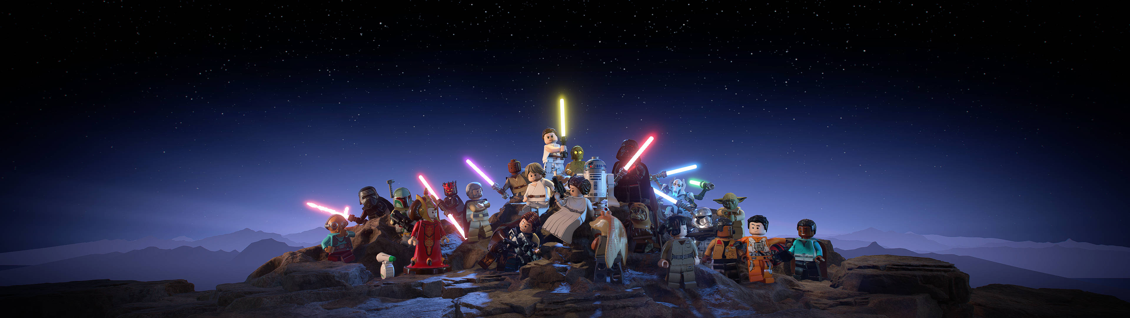 Screen 桌布 壁紙 — LEGO Star Wars 角色站在岩石山峰上，在星空下揮舞著發光的雷射劍。