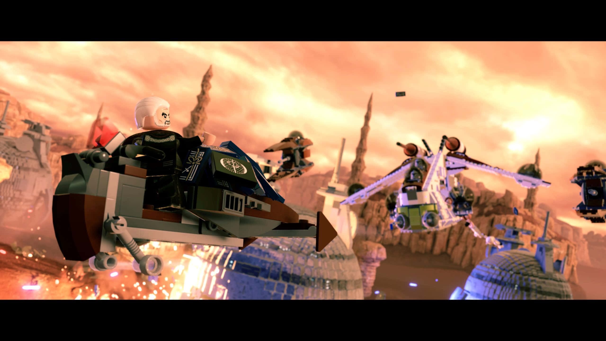 The Battle Of Geonosis 桌布 壁紙 — LEGO star wars 飛車在熾熱橙色天空下的沙漠峽谷中競速。