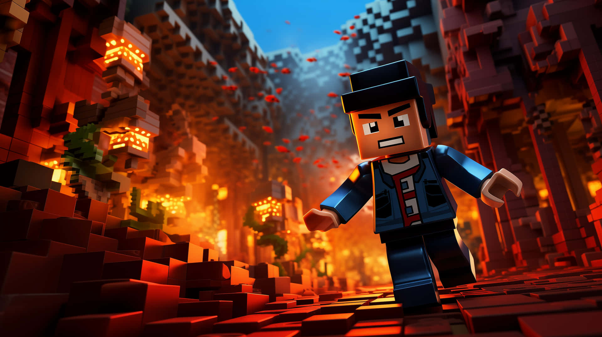 LEGO風格角色在一個燃燒的像素化峽谷中，帶著發光的燈籠。 — Roblox 壁紙