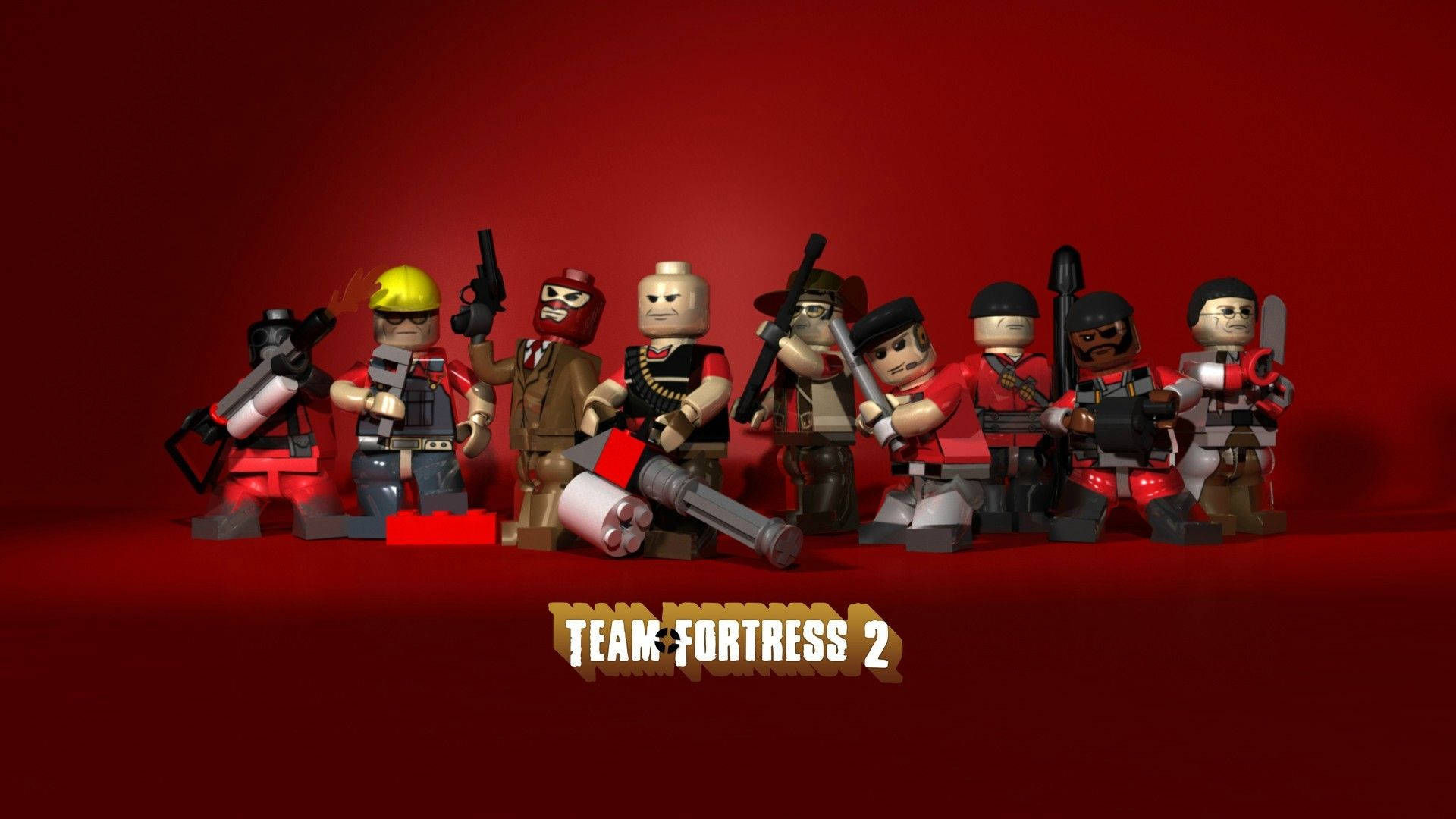 Cool Gaming 桌布 壁紙 — Team Fortress 2 角色的 LEGO 版本排成一列，背景為純紅色，下方有遊戲標題。