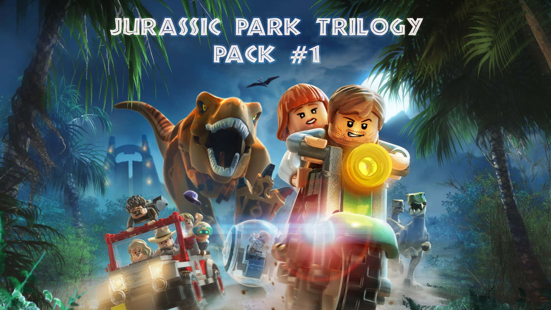 Jurassic World 桌布 壁紙 — LEGO 侏羅紀公園角色在月光下駕駛車輛穿過叢林，恐龍在後面追趕。