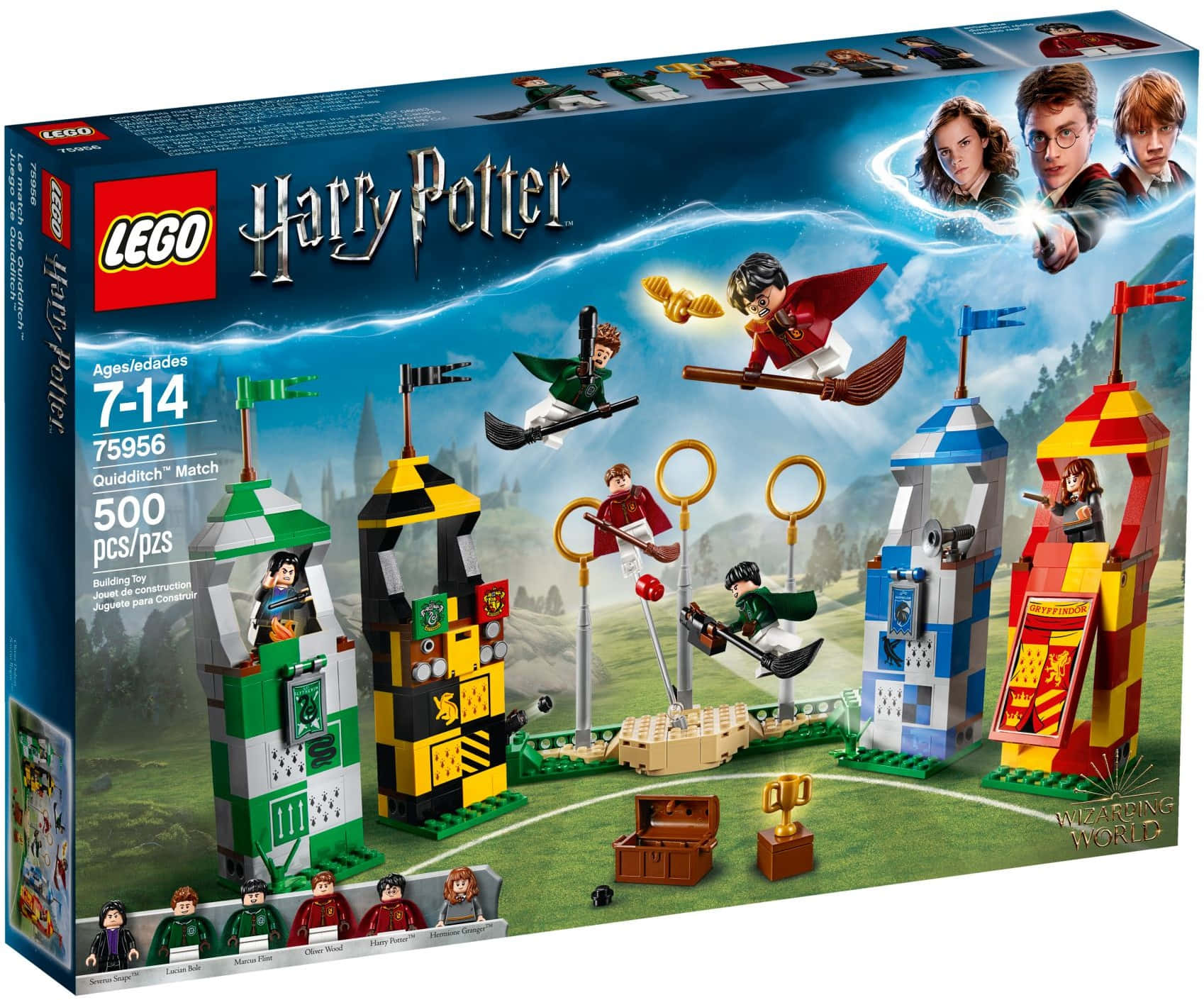 Quidditch 桌布 壁紙 — LEGO 哈利波特魁地奇比賽場景，球員騎著掃帚飛過圓環和塔樓。