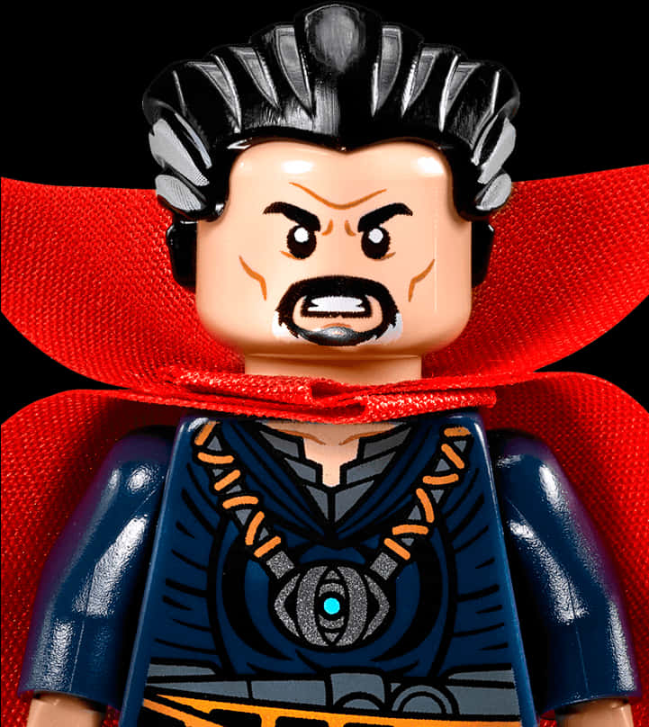 復仇者聯盟 桌布 壁紙 — LEGO 奇異博士人偶特寫，憤怒表情，紅色斗篷，發光藍色眼睛標誌。
