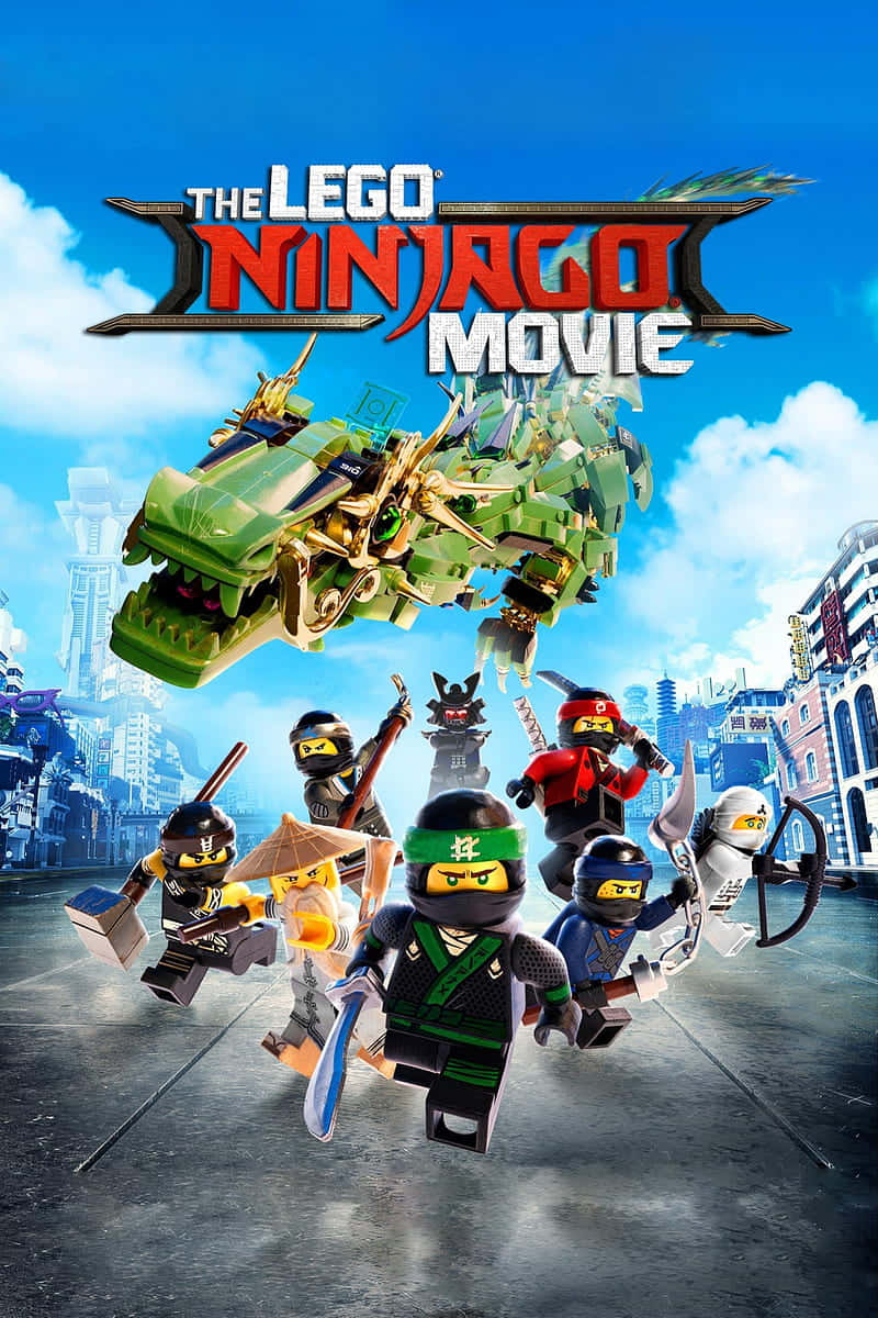 Animated 桌布 壁紙 — LEGO 忍者們在一個城市中準備就緒，一隻巨大的綠色巨龍在明亮的藍天下飛過他們頭頂。