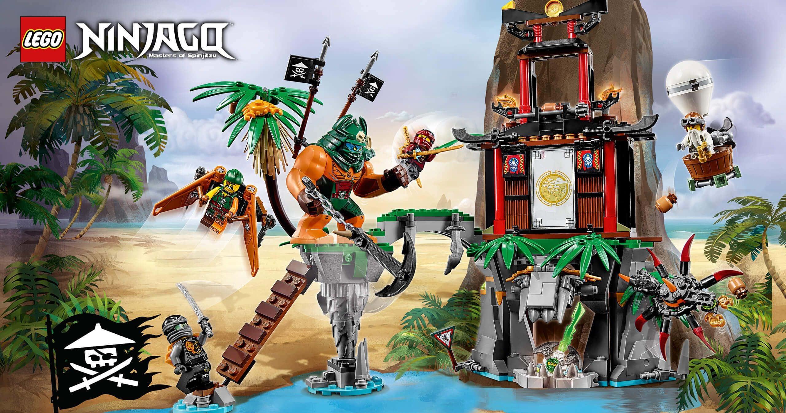Ninjago 桌布 壁紙 — LEGO 旋風忍者海盜在一個熱帶島嶼上戰鬥，島上有一座建在懸崖邊的堡壘。