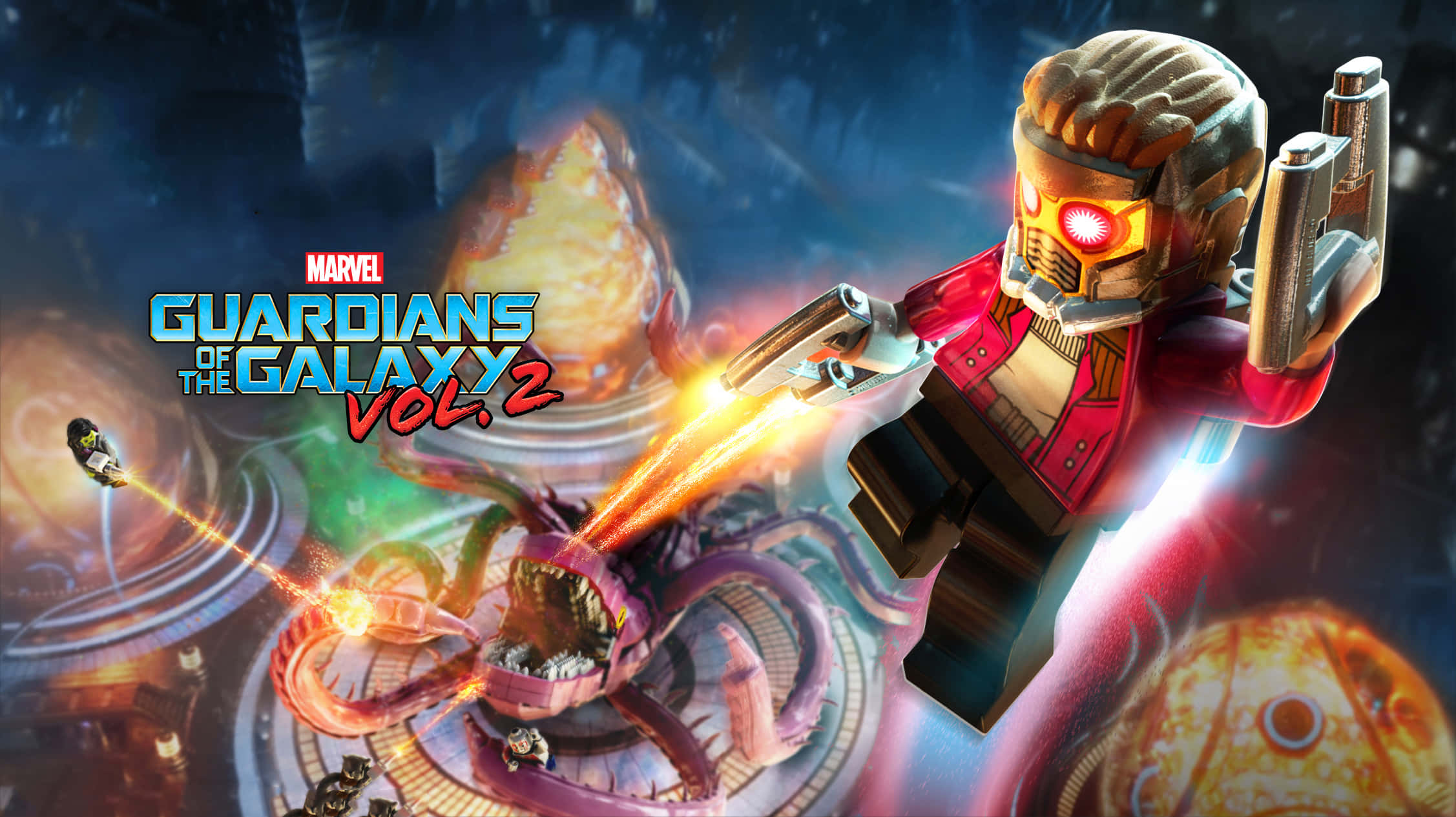 Guardians Of The Galaxy 2 桌布 壁紙 — LEGO 星爵在旋轉星雲和漂浮行星之間，與巨型外星生物進行宇宙戰鬥，發射發光的爆能槍。