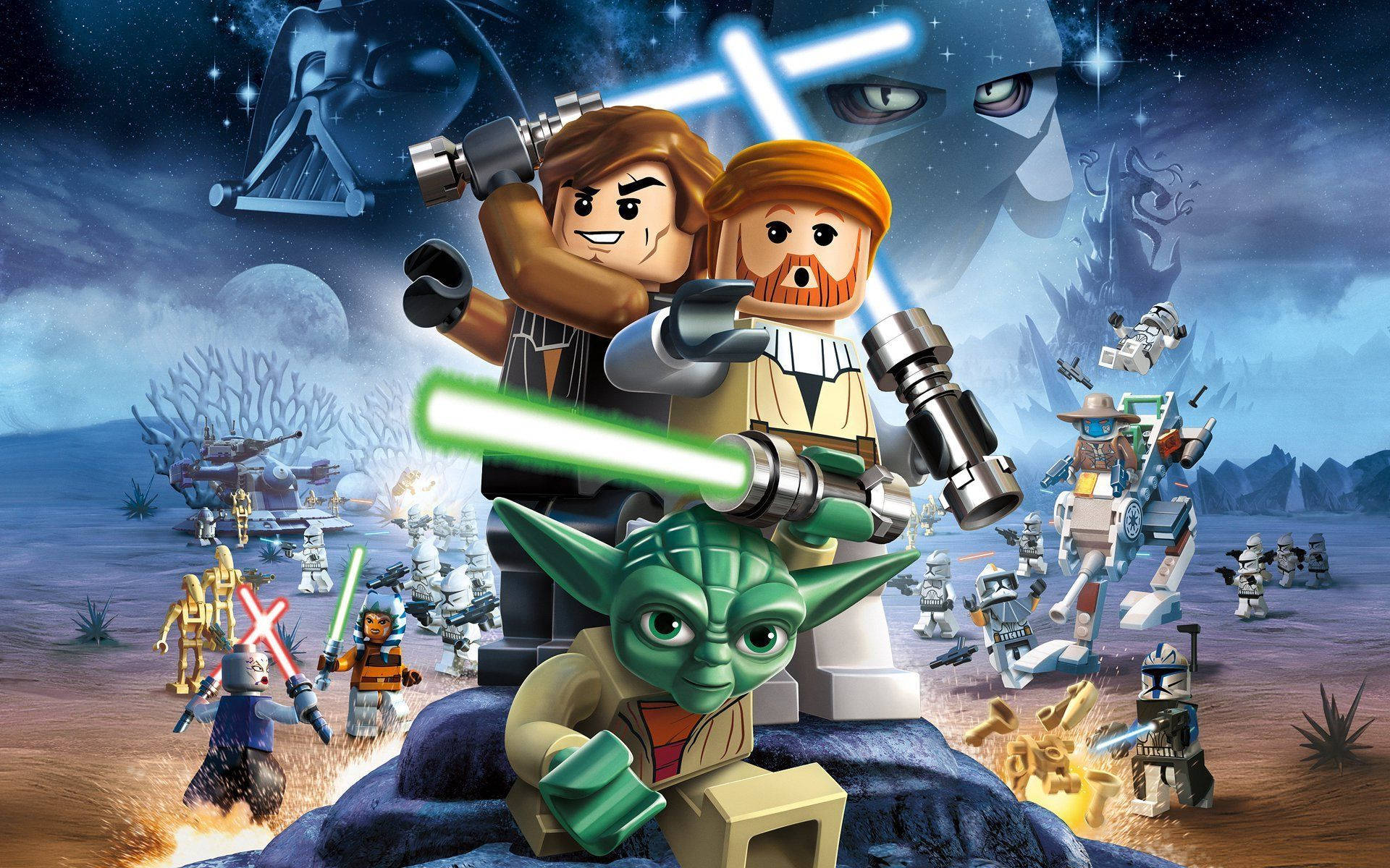 Lego Star Wars 桌布 壁紙 — LEGO 星際大戰角色在星空下與達斯維達的剪影對峙，使用光劍戰鬥。