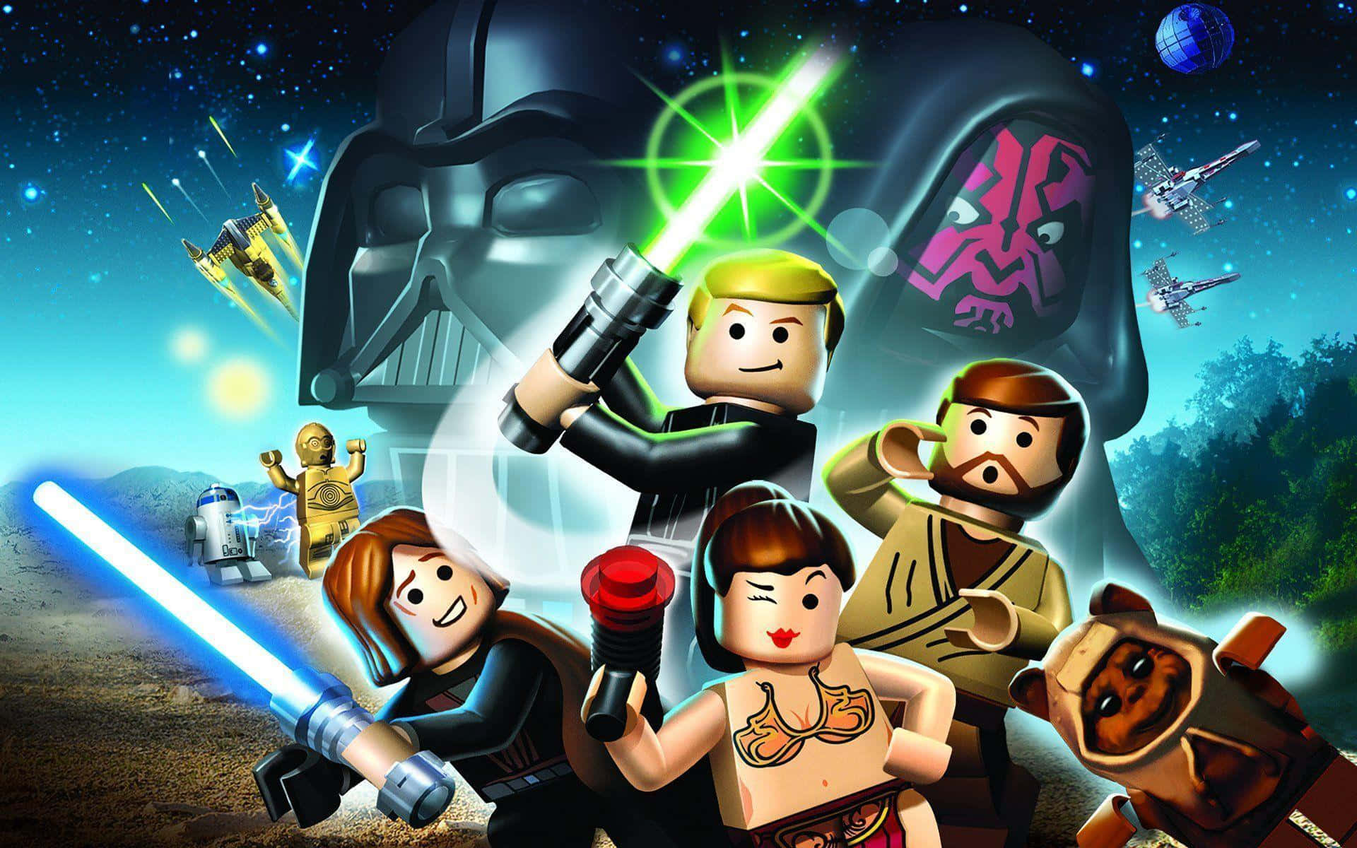 樂高 桌布 壁紙 — LEGO 星際大戰角色用光劍對抗黑武士，在宇宙場景中有太空船和行星。
