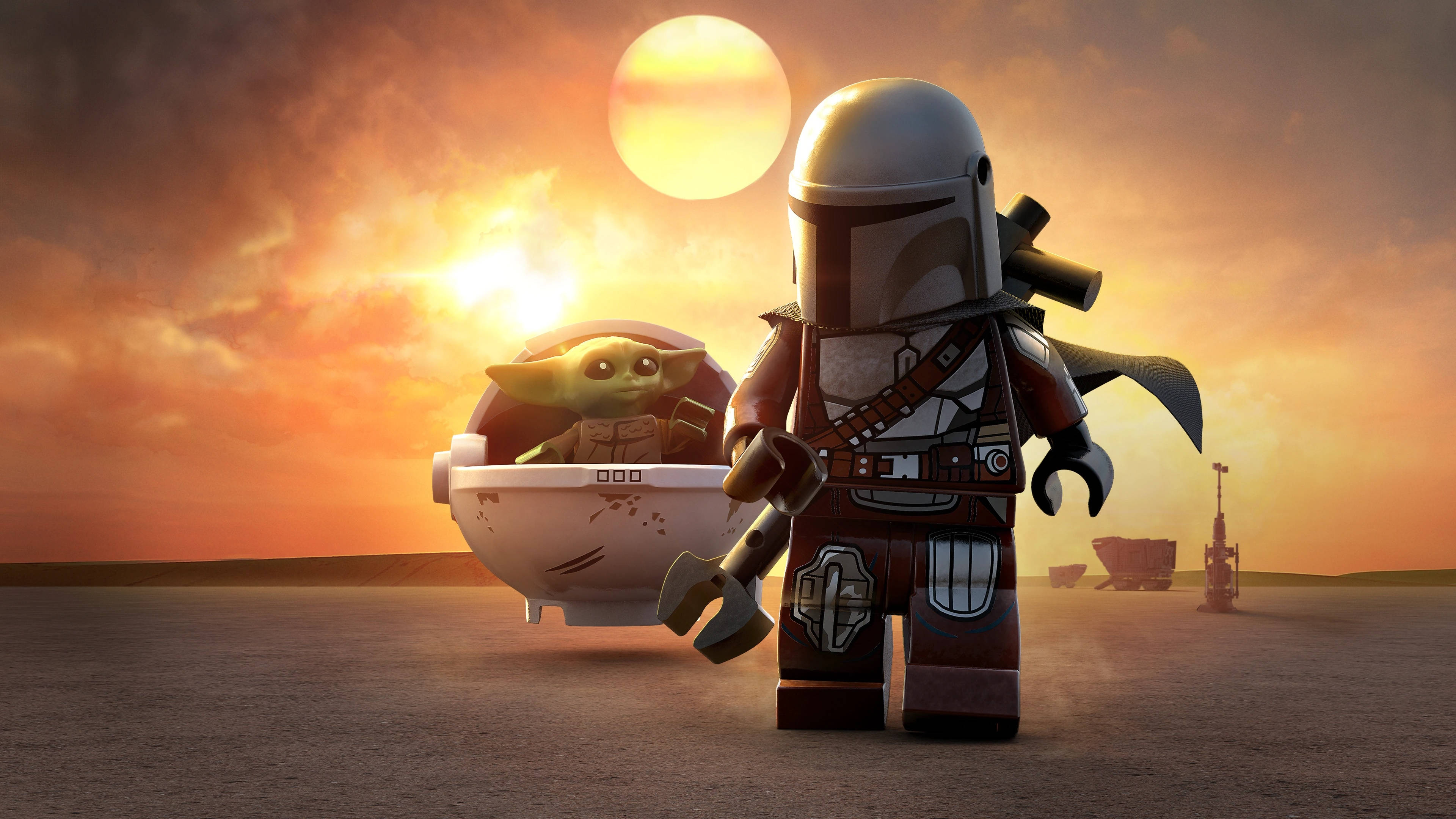 X 桌布 壁紙 — LEGO 曼達洛人與古古在沙漠中夕陽下站立，身後有一輪巨大的太陽。