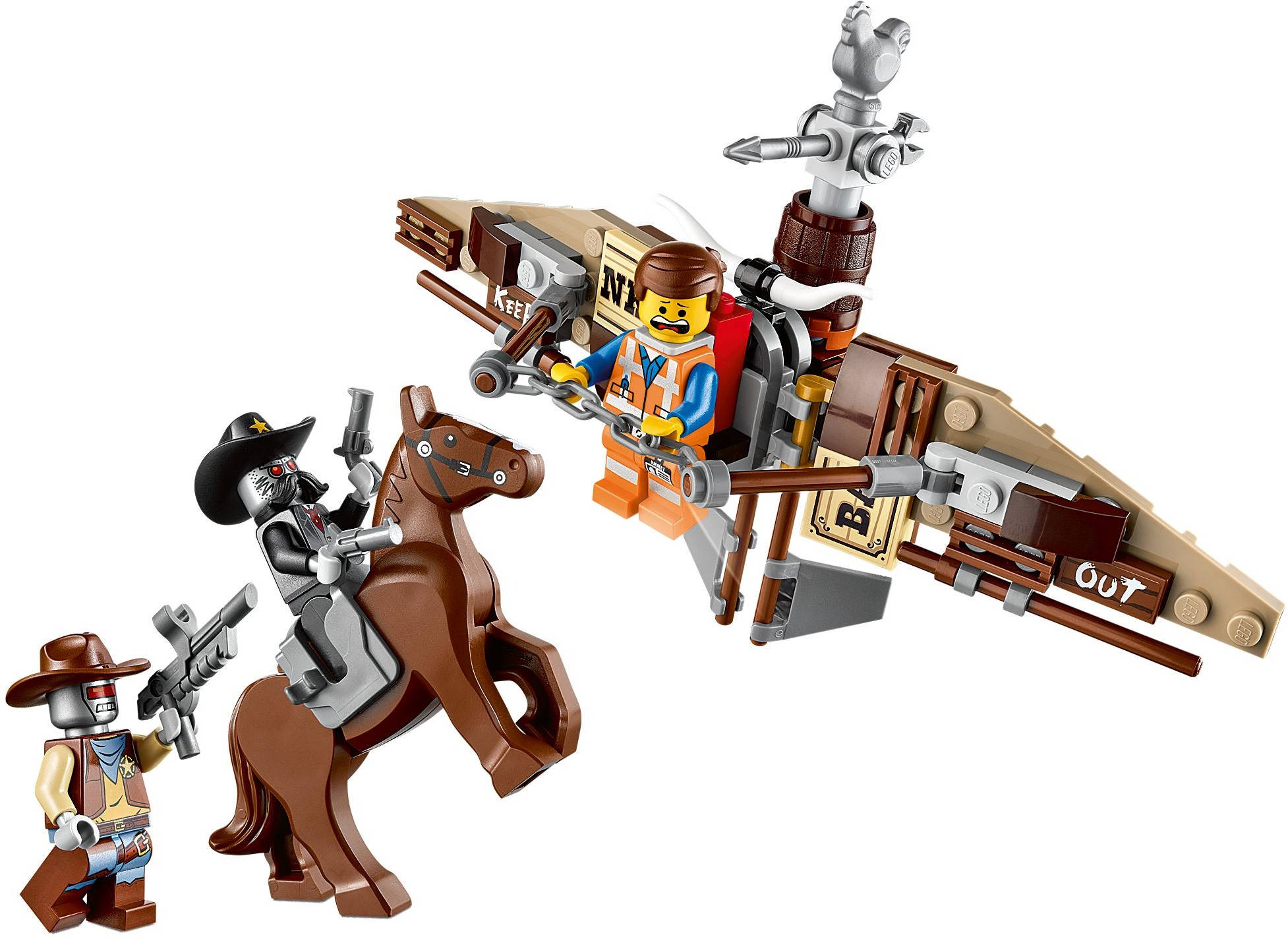 樂高 桌布 壁紙 — LEGO 西部場景，有騎馬和飛行機器的牛仔迷你人偶，背景為白色。