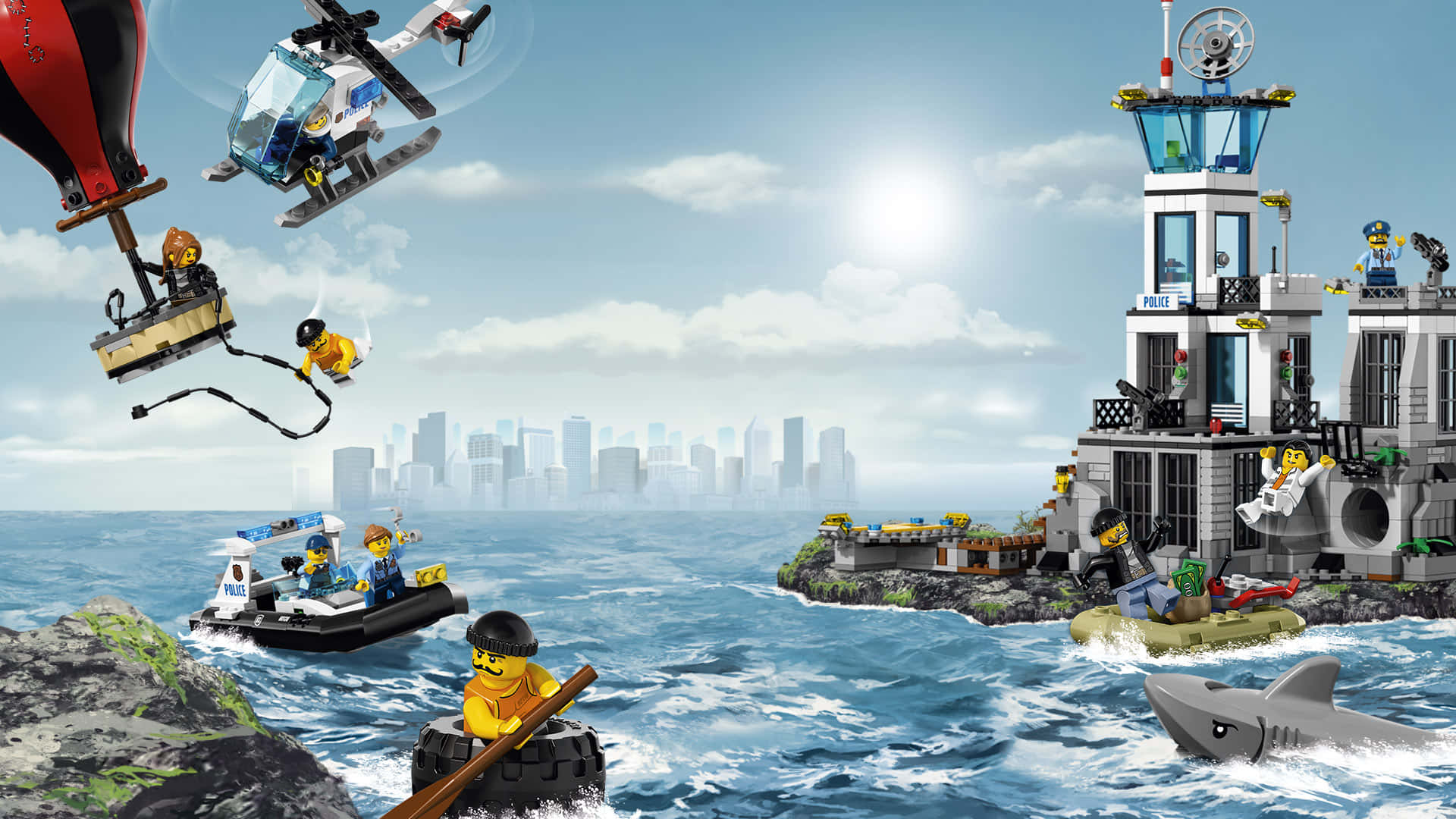 樂高 桌布 壁紙 — LEGO 警察追捕在波濤洶湧的海洋上展開，配有直升機船和鯊魚，靠近海岸站。