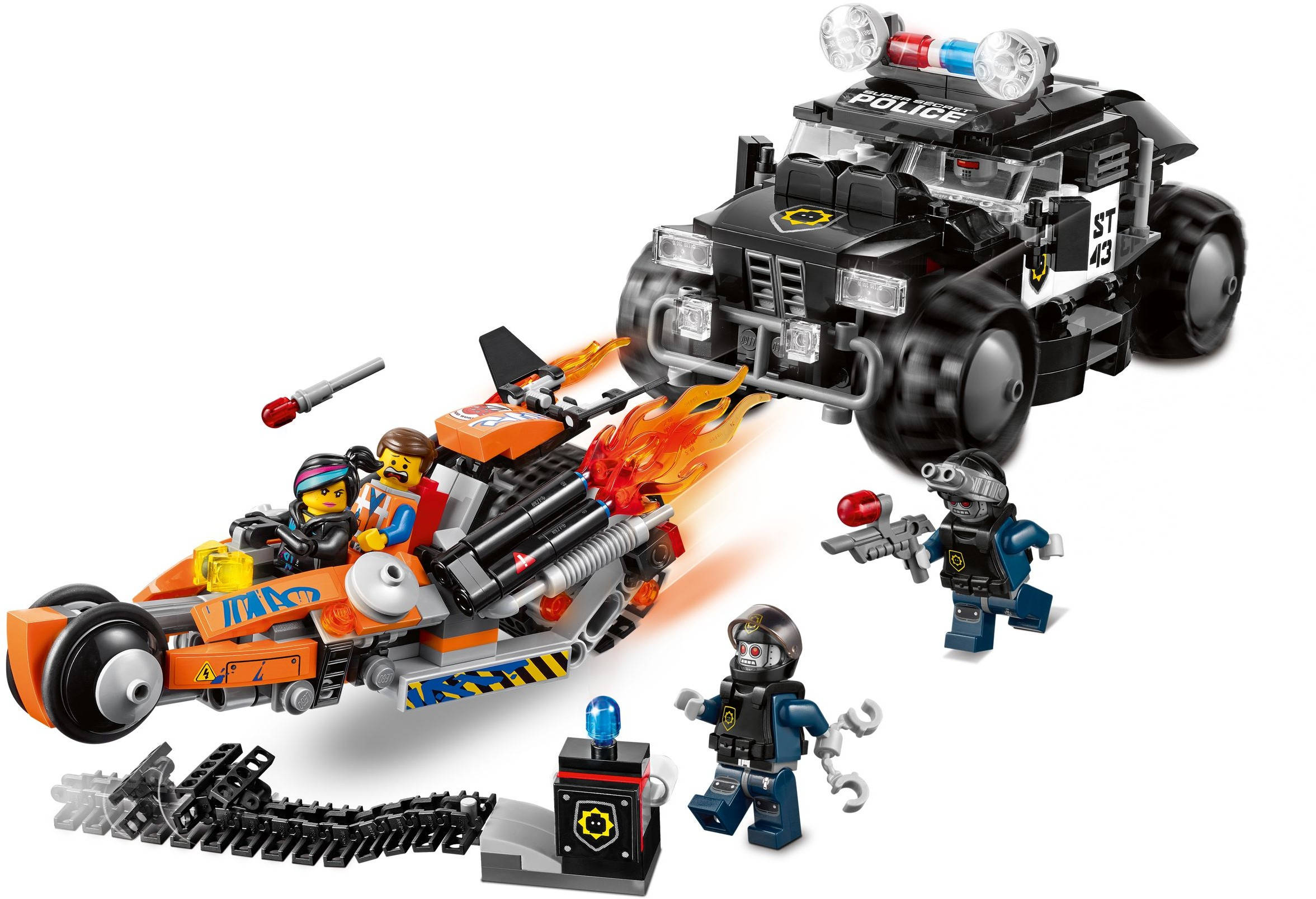 樂高 桌布 壁紙 — LEGO 警察追捕場景，黑色巡邏車追捕橙色噴火飛車，迷你人偶正在行動。