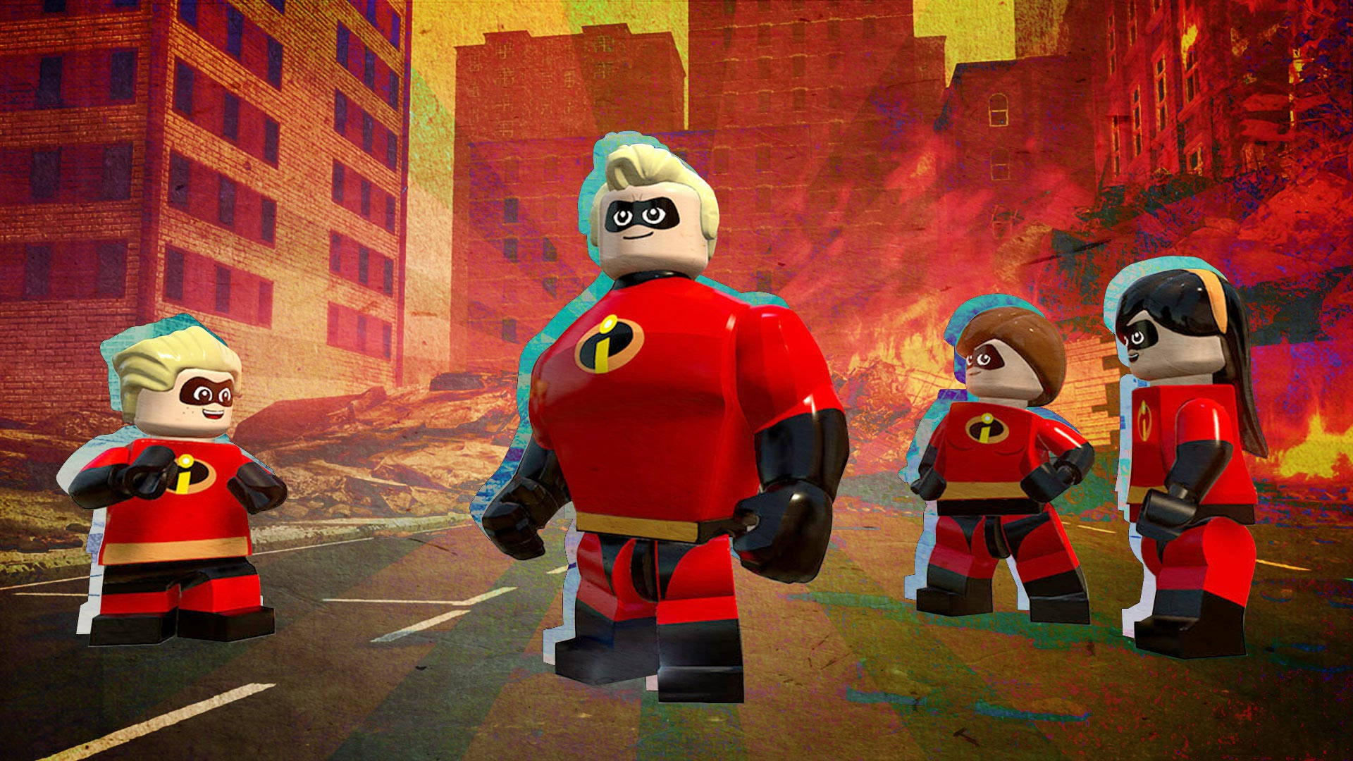 超人特攻隊 桌布 壁紙 — LEGO 超人特攻隊家庭英勇地站在一條火勢熊熊的都市街道上，背後有磚砌建築和熾熱的橙色火焰。