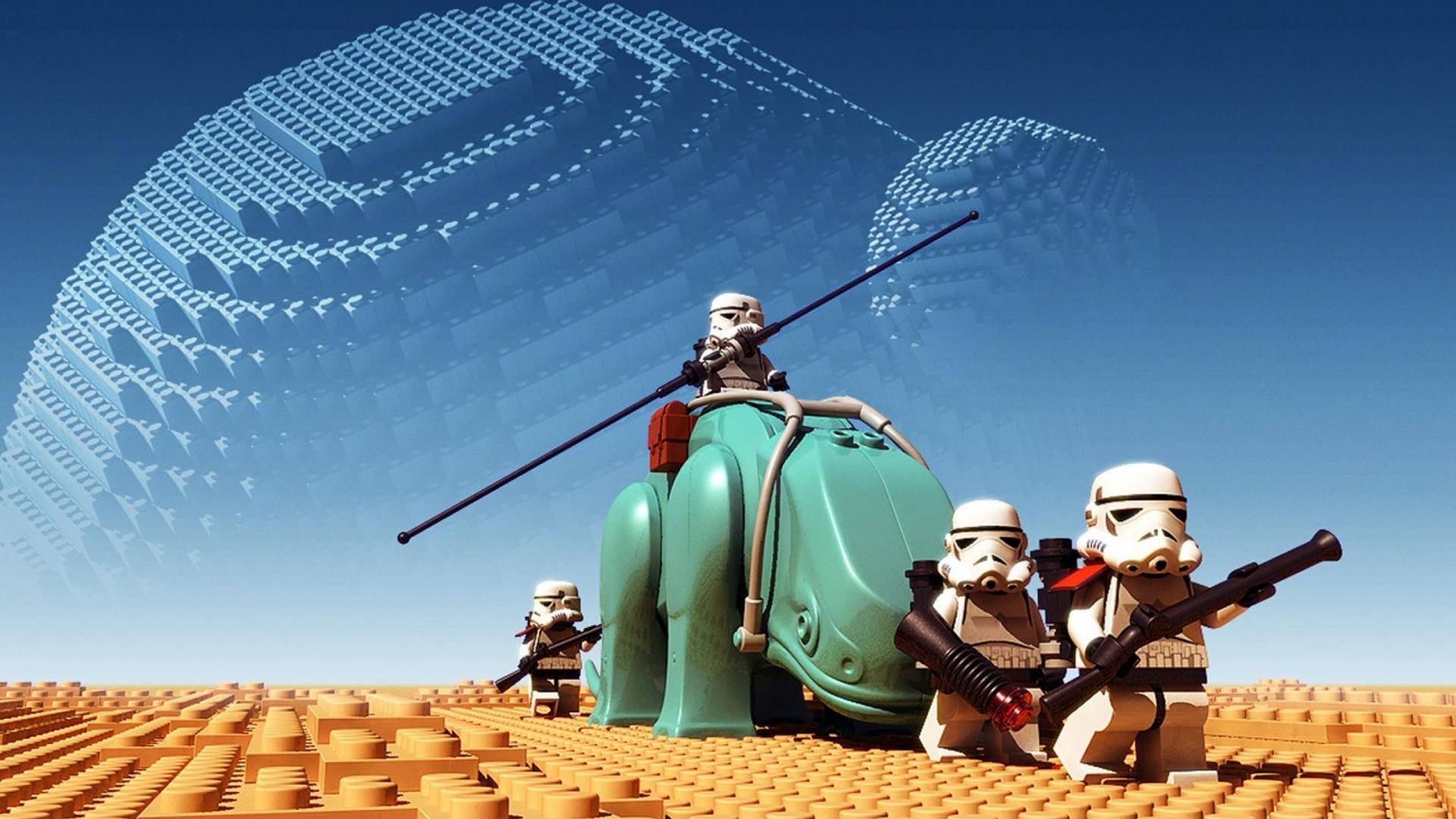 Lego Star Wars 桌布 壁紙 — LEGO 風暴兵在藍天下穿越橙色磚塊沙漠，巨大的 LEGO 死星懸在頭頂。
