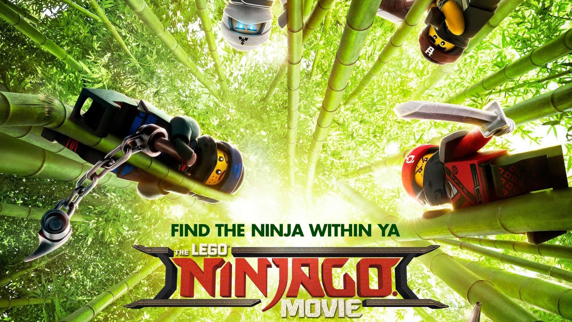 Animated 桌布 壁紙 — LEGO忍者們在陽光明媚的竹林樹冠中擺盪，呈現出一張充滿動作的電影海報。