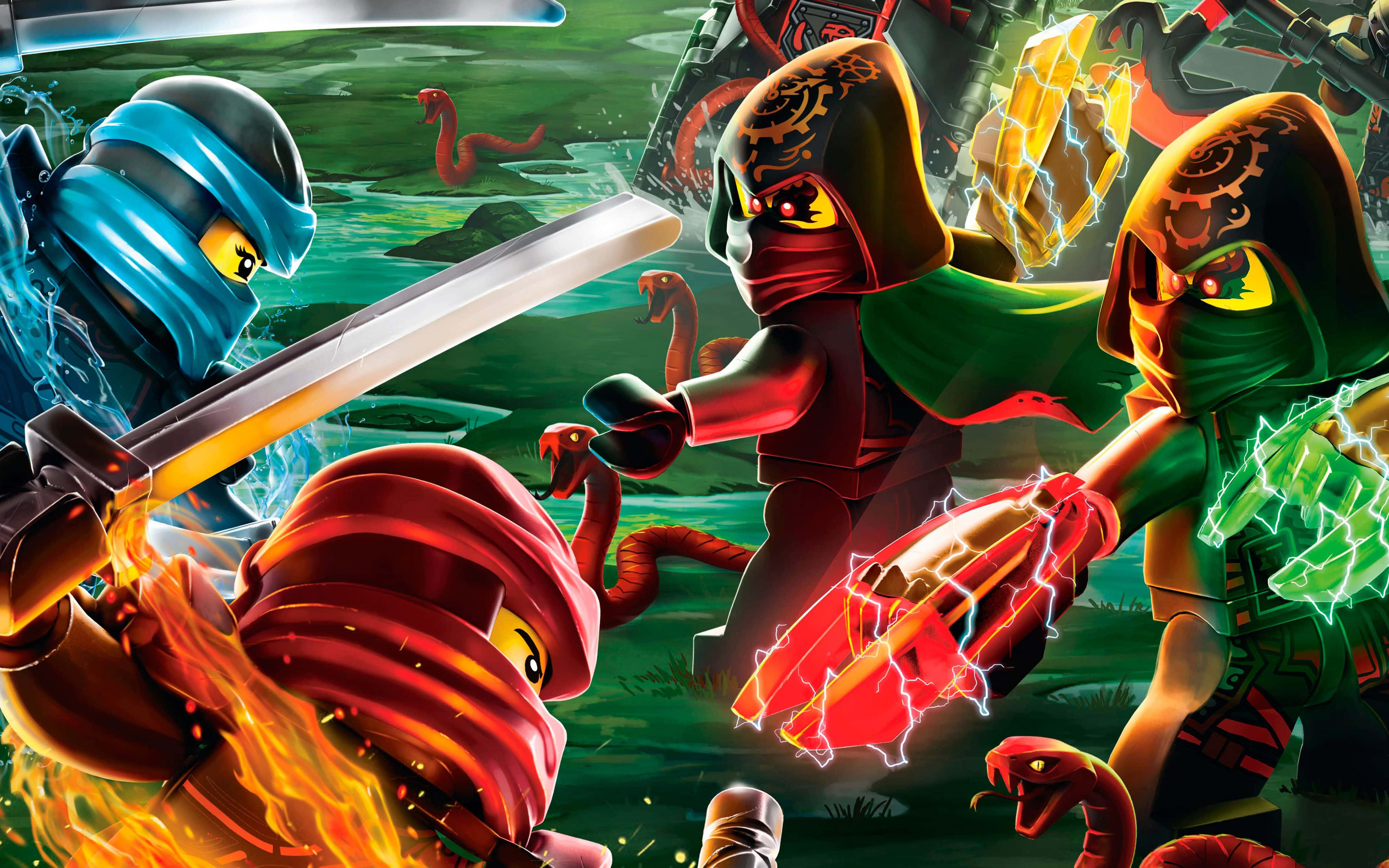Ninjago 桌布 壁紙 — LEGO忍者在發光的蛇群中，用元素力量在充滿活力的叢林場景中戰鬥。