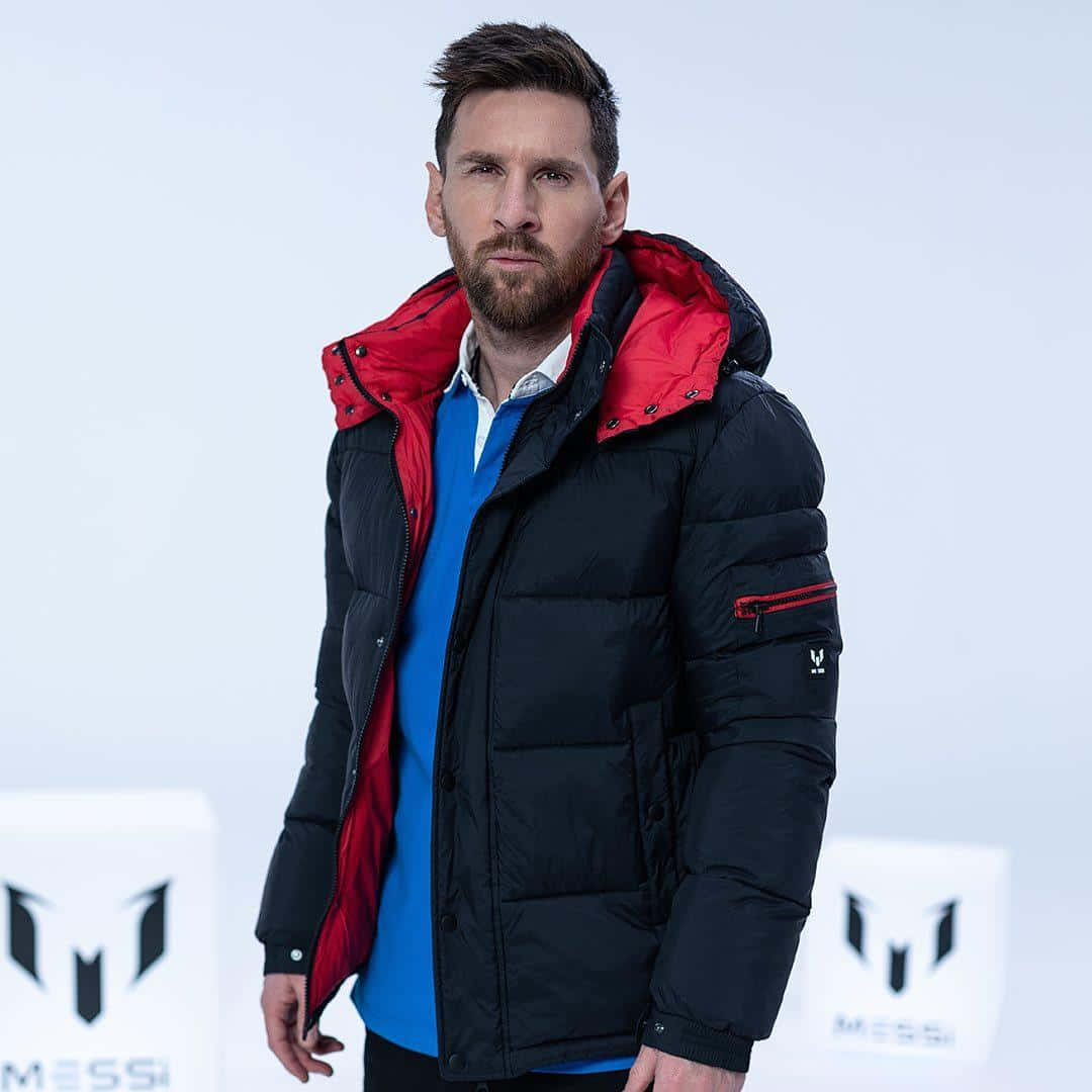 Messi 2022 桌布 壁紙 — 利昂內爾·梅西自信地站在簡約的白色背景前，身穿黑色羽絨外套，內襯紅色，搭配藍色襯衫。