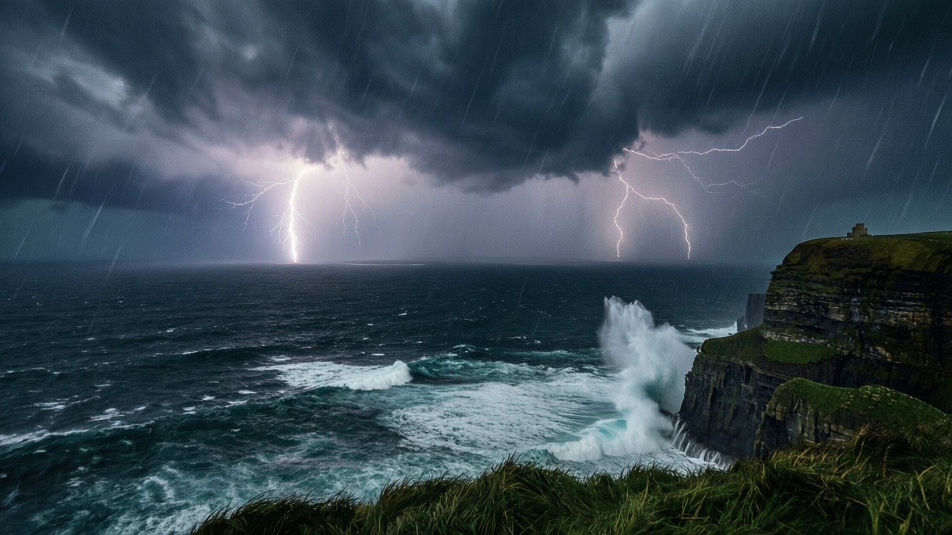 Cliffside Storm Outlook 壁紙 — 雷鳴般的閃電劃破黑暗的暴風雲，下方是波濤洶湧的大海撞擊崎嶇的懸崖。