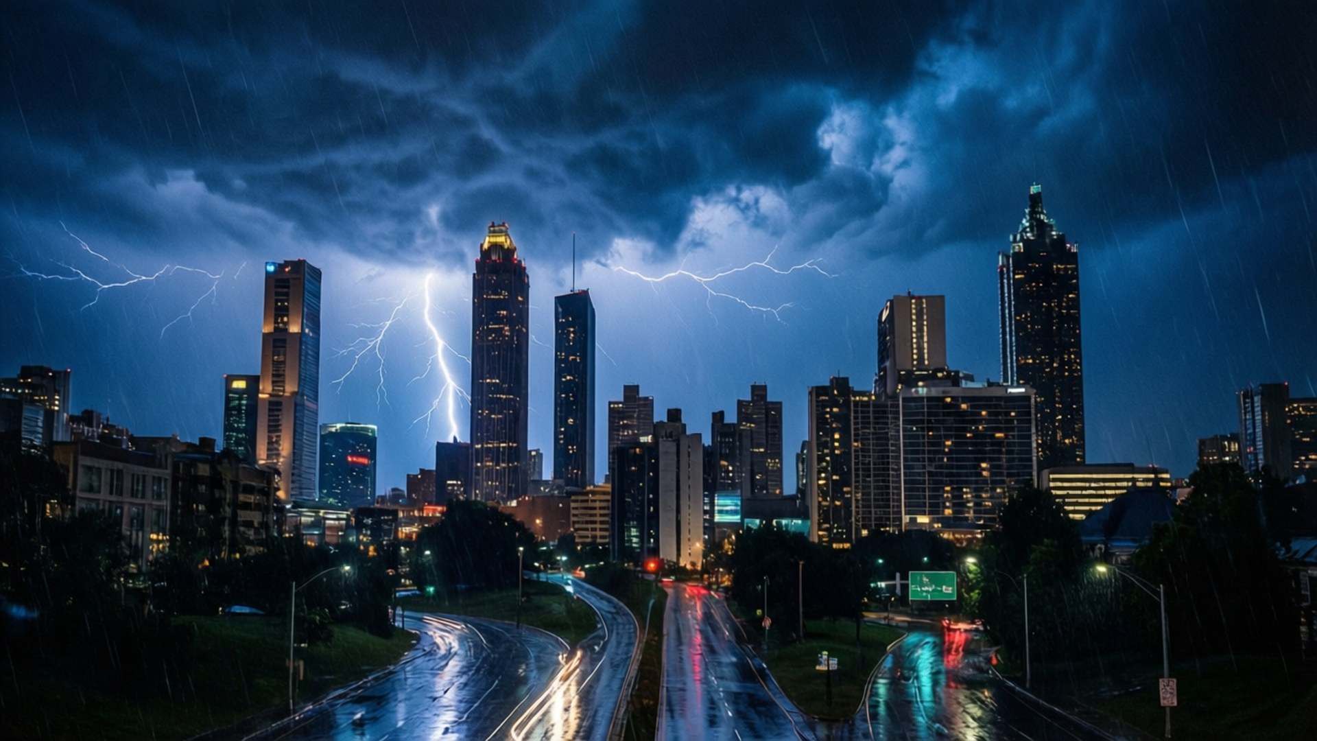 City Thunderstorm 壁紙 — 雷雨在城市天際線上肆虐，閃電照亮了雨水浸濕的街道和高聳的摩天大樓。