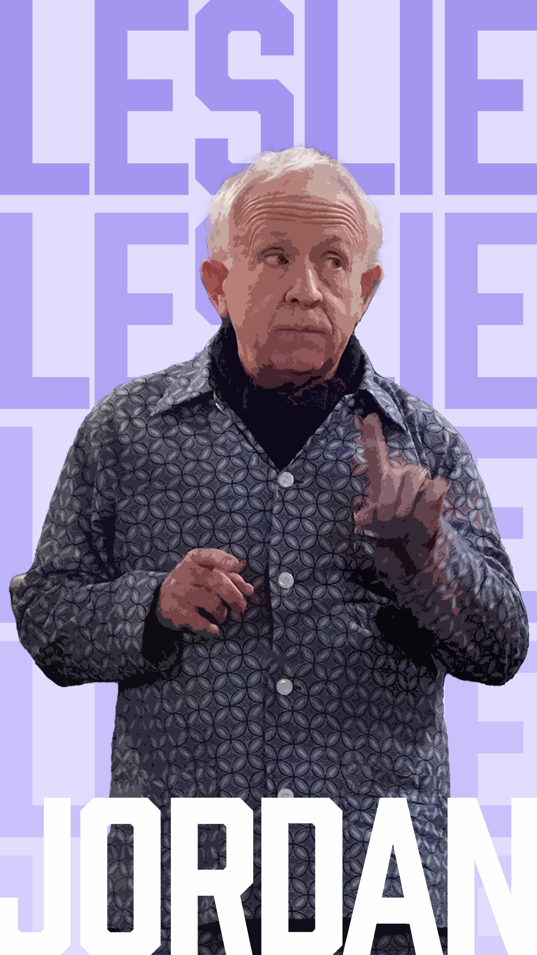 Leslie 桌布 壁紙 — Leslie Jordan 自信地站在紫色背景前，名字以粗體顯示，表情俏皮地做手勢。