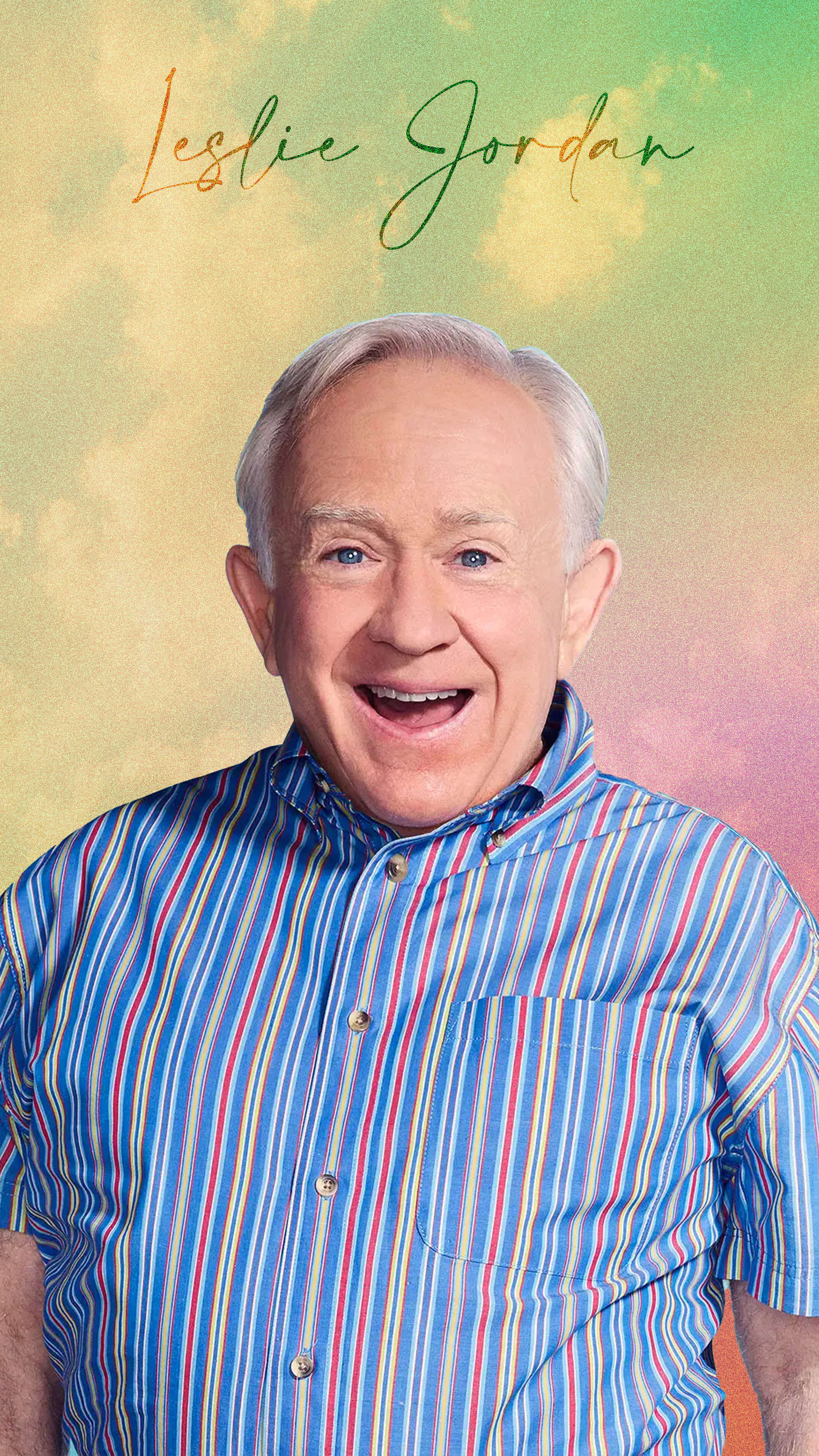 Leslie 桌布 壁紙 — Leslie Jordan 身穿彩色條紋襯衫，在充滿活力的漸變天空背景下洋溢著喜悅。