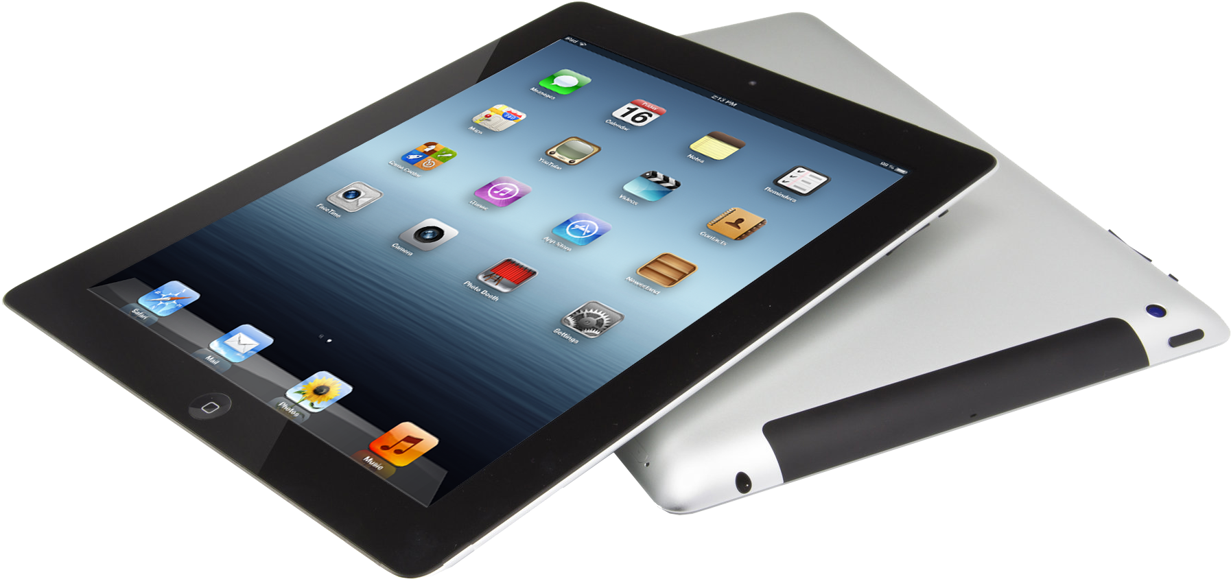 兩部銀色平板電腦，其中一部在藍色螢幕上顯示應用程式圖標 — iPad 壁紙