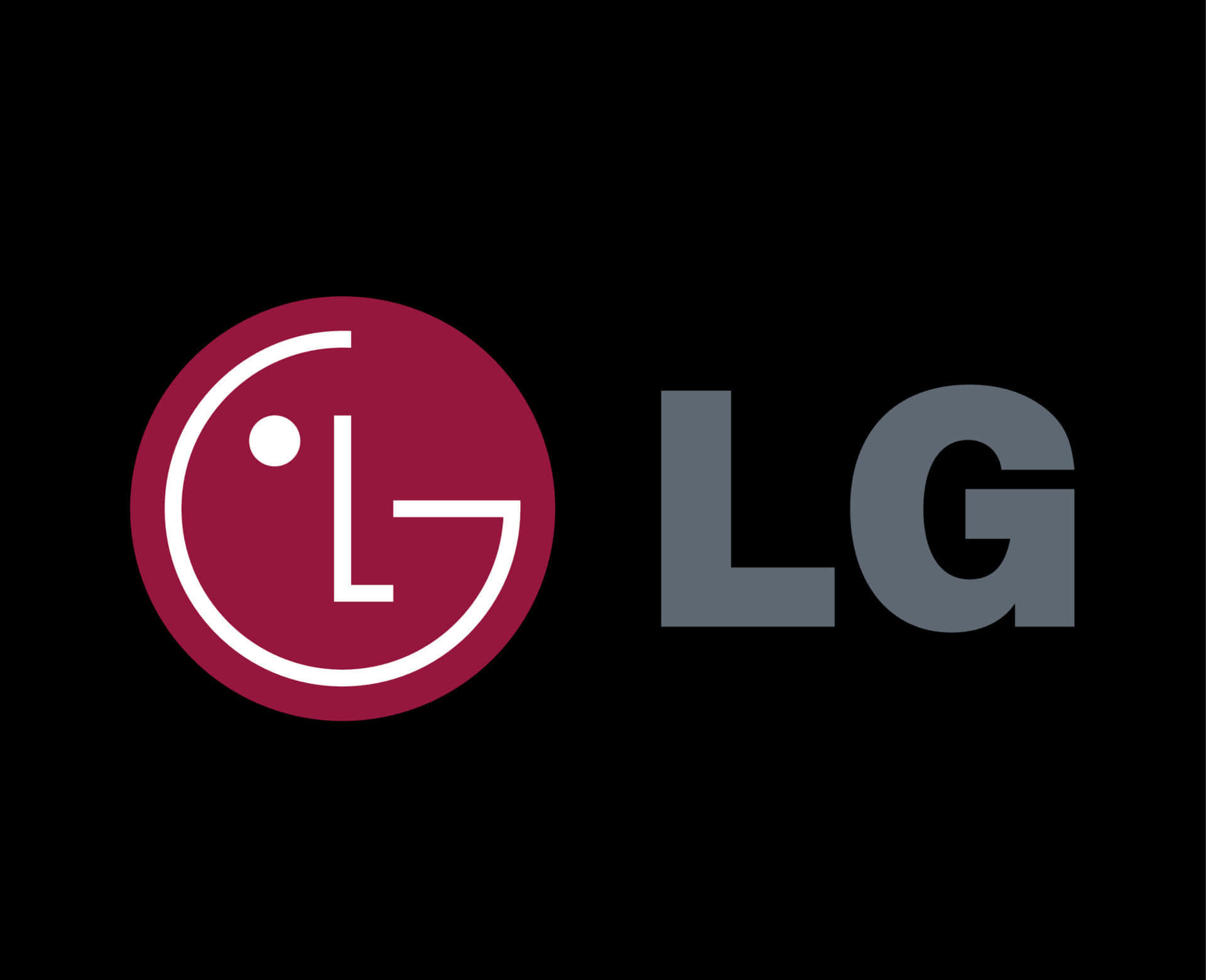  壁紙 — LG 標誌，帶有栗色圓形徽章和灰色字母，背景為黑色。