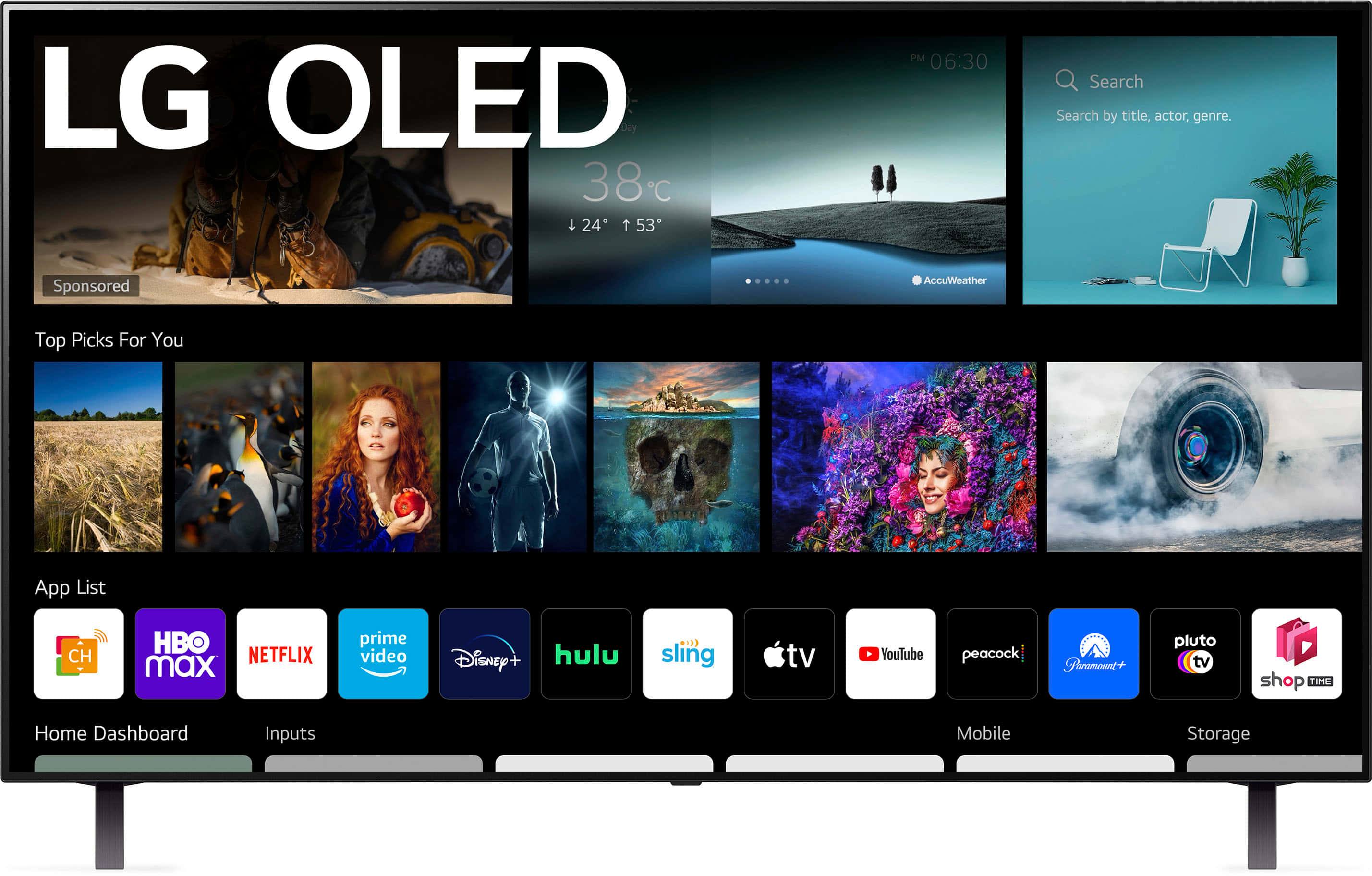 科技動圖 桌布 壁紙 — LG OLED TV 主頁儀表板顯示天氣應用程式的風景壁紙和串流服務圖標。