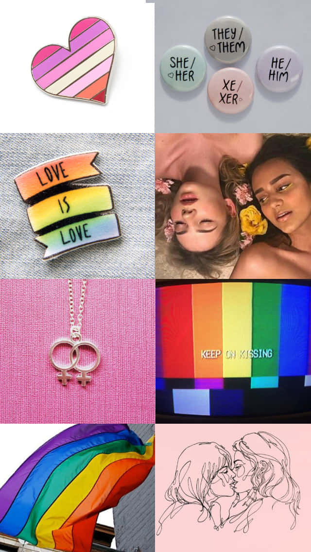 女同志 桌布 壁紙 — LGBTQ+ 驕傲象徵的拼貼畫，包括彩虹心形別針、性別認同徽章、love is love 琺瑯別針、交織的女性符號項鍊、彩虹旗和接吻情侶插圖。