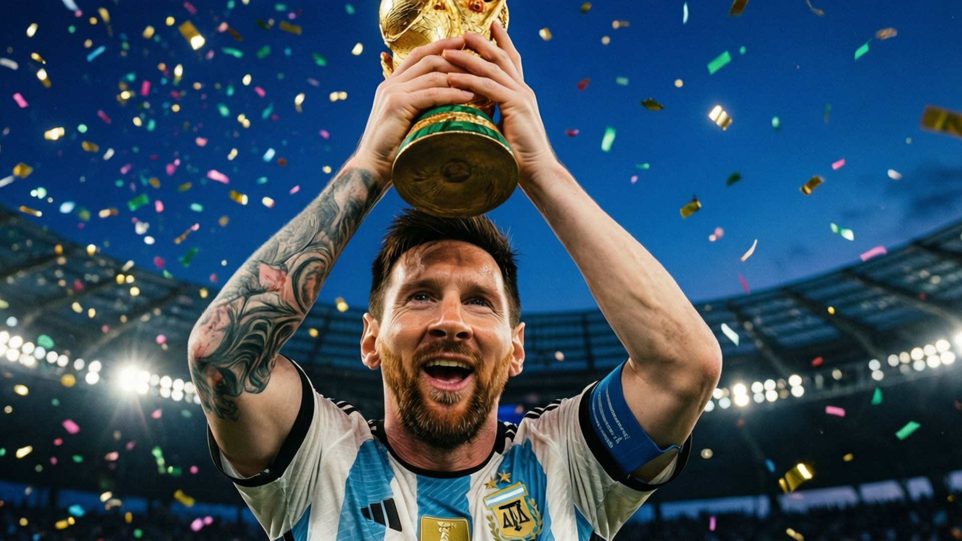 Messi Art 桌布 壁紙 — 利昂內爾·梅西在夜間球場中，在彩色紙屑如雨般落下時，勝利地將世界盃獎盃高舉過頭。