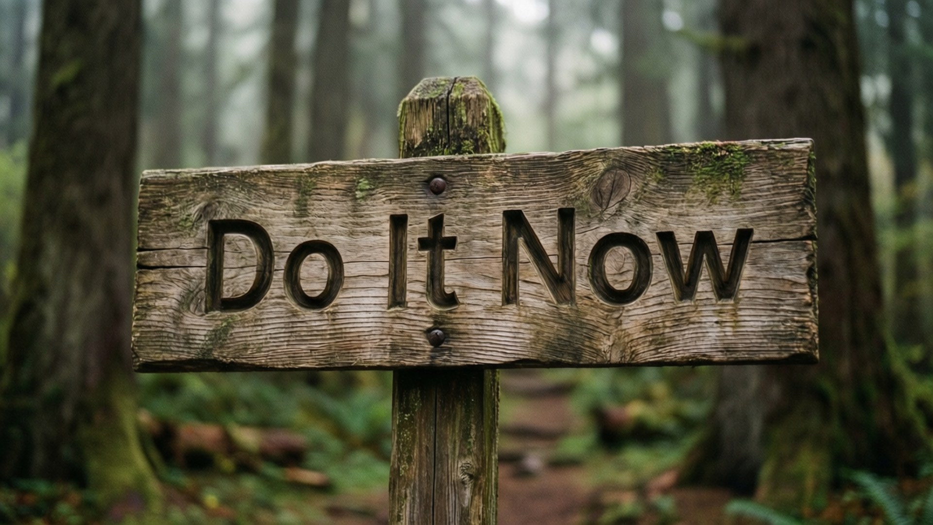 Do It Now 桌布 壁紙 — 一塊風化的木牌寫著「立即行動」，矗立在迷霧森林中，周圍是長滿苔蘚的樹木和柔和散射的光線。