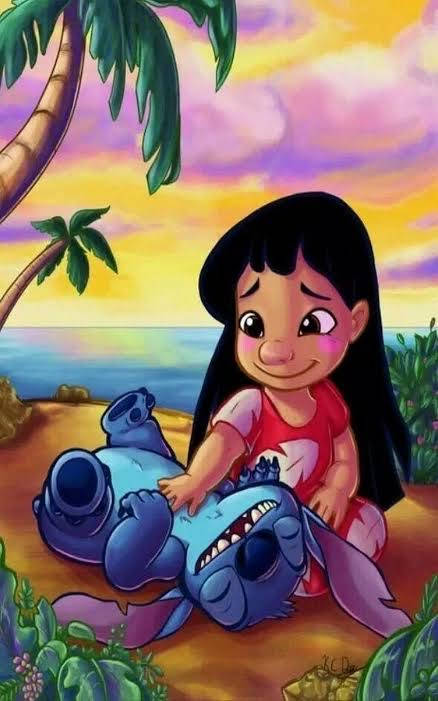 莉蘿和史迪奇在日落時分的熱帶海灘上 — Stitch 壁紙