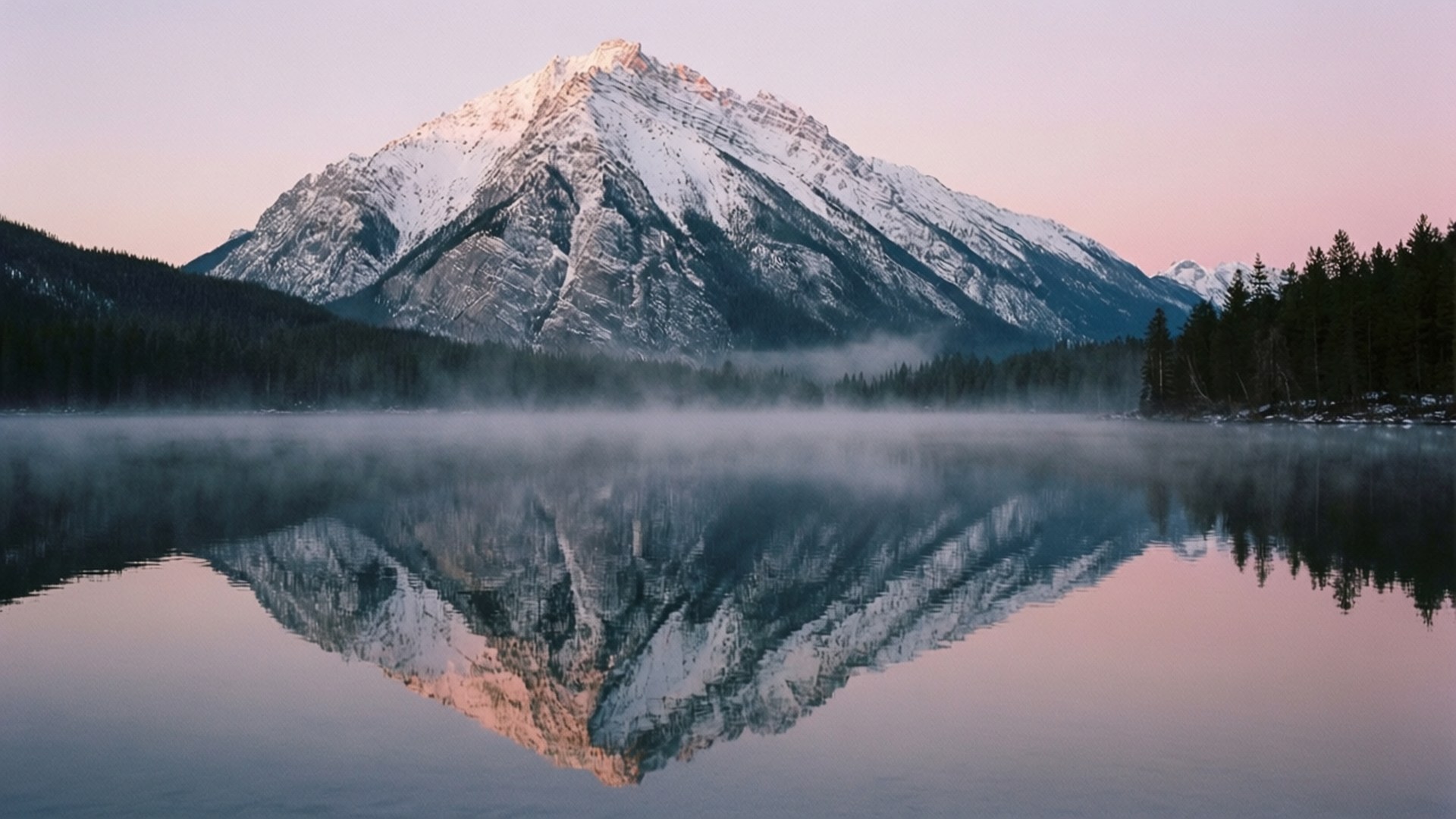 Dawn Mirror Lake 壁紙 — 黎明時分，積雪的山峰聳立於霧氣瀰漫的湖泊之上，在平靜的水面上形成完美倒影。