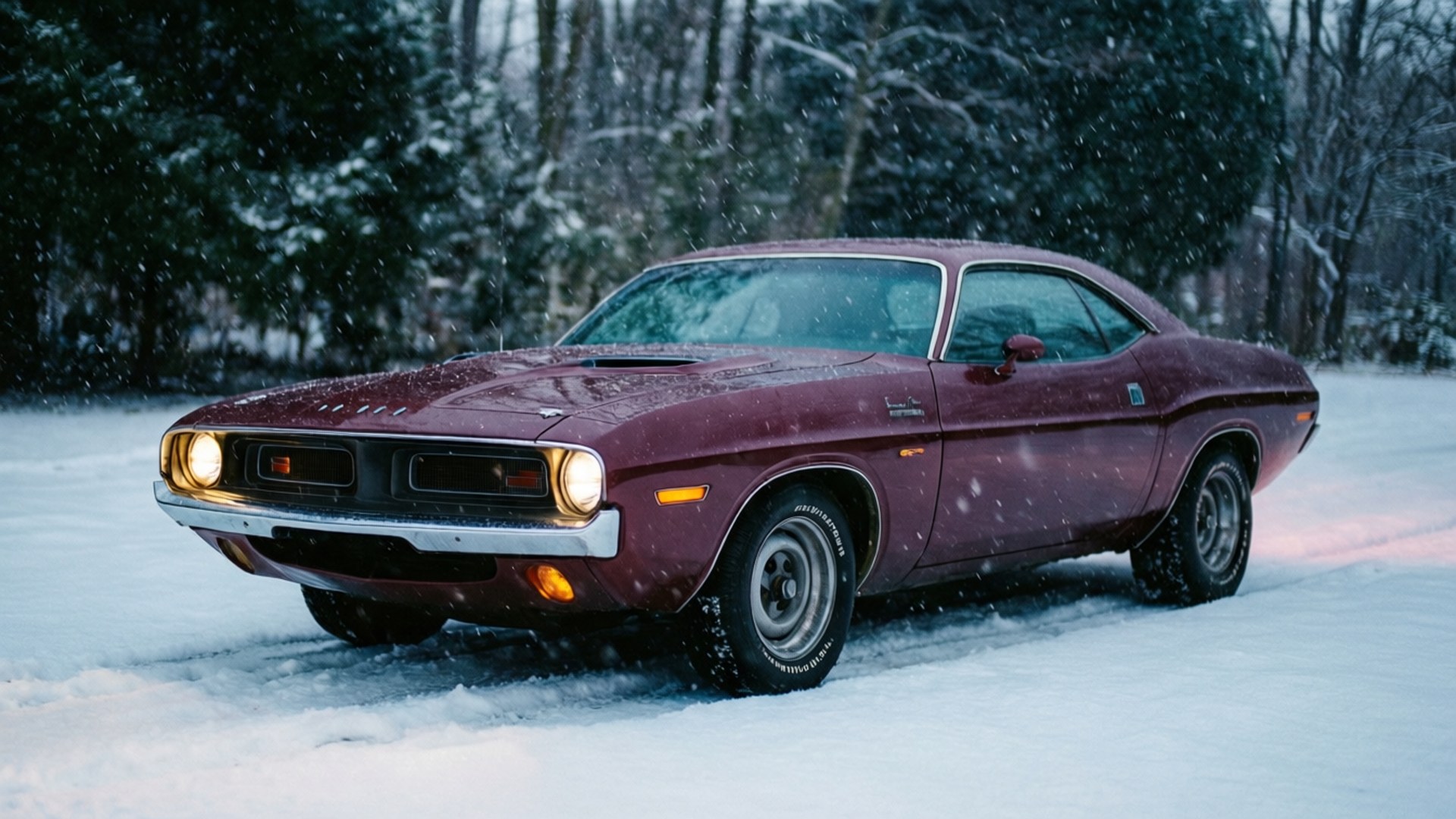 Winter Night Glow 壁紙 — 一輛栗色經典肌肉車亮著車頭燈，在輕柔飄雪中駛過白雪覆蓋的森林。