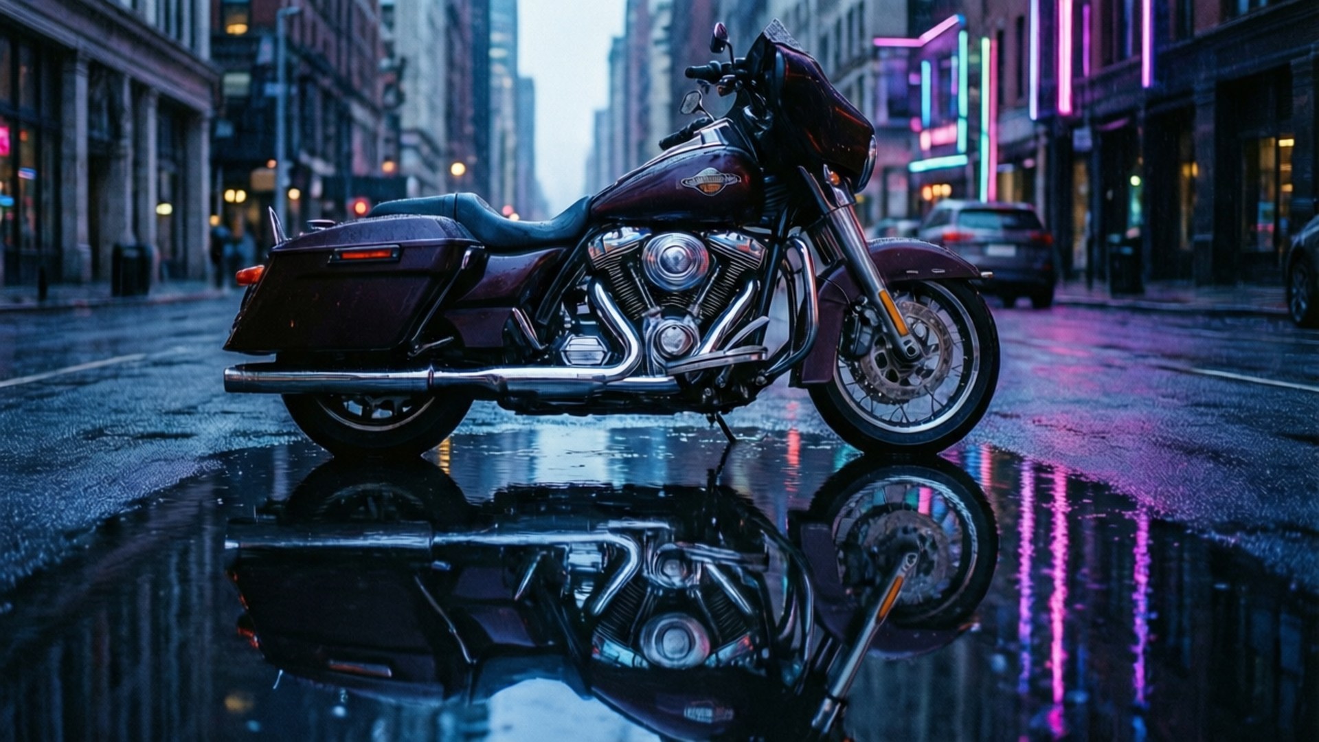 Neon Rain Reflection 壁紙 — 一輛栗色摩托車在黃昏時分的濕漉漉城市街道上閃閃發光，霓虹燈光在水坑中反射。